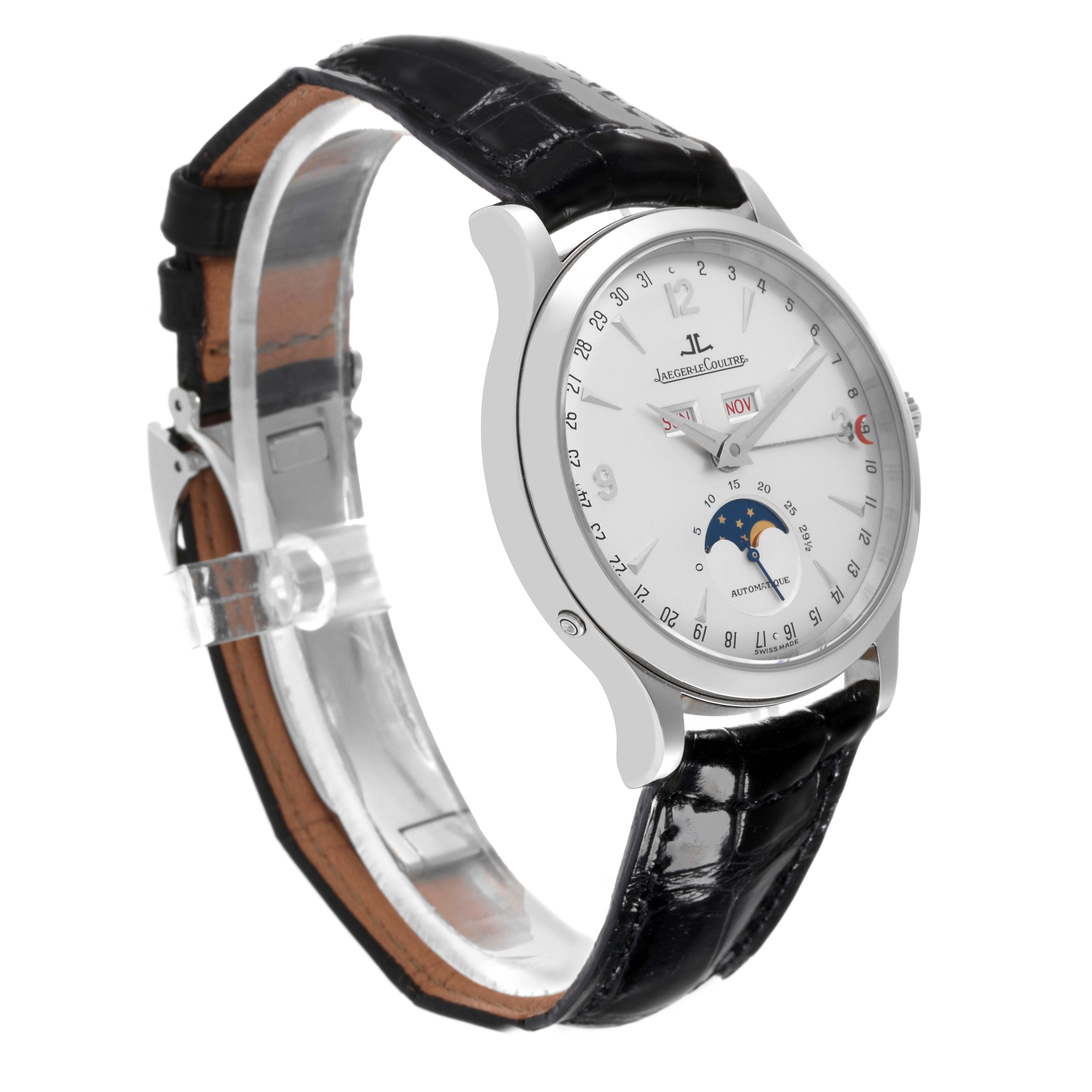 The image shows a Jaeger LeCoultre Master Q143842A Men
s Stainless Steel Silver Dial Q143842A Men
s Stainless Steel Silver Dial model watch from a three-quarter angle, highlighting its face, bezel, and leather strap.