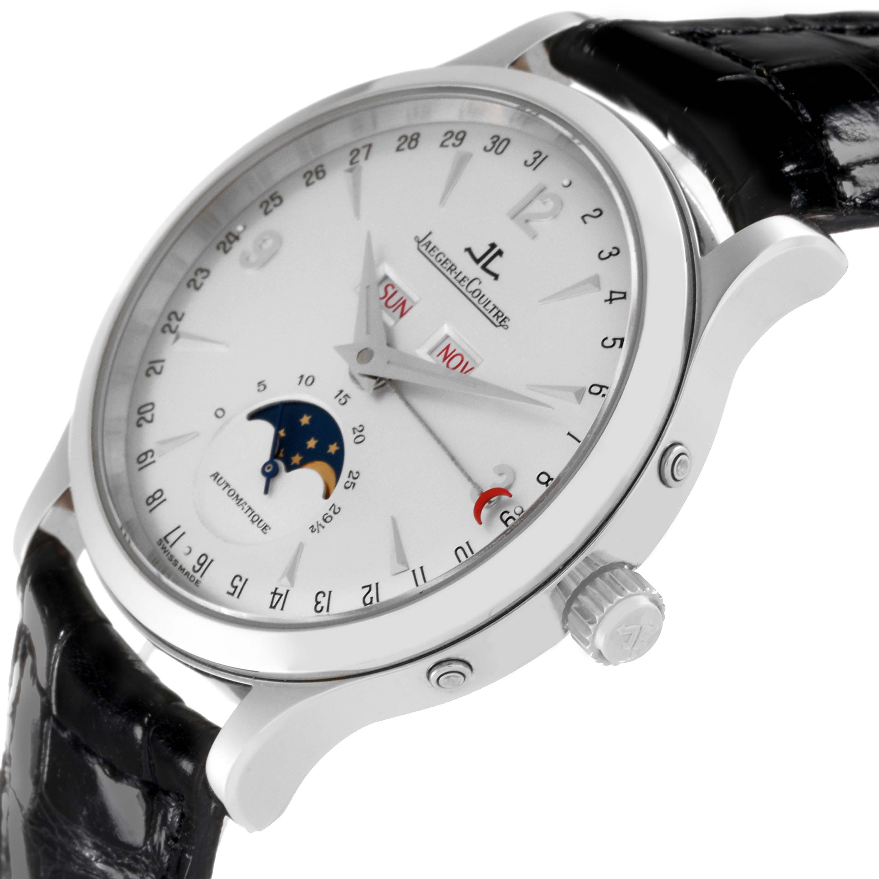 The Jaeger-LeCoultre Master model watch is shown at a side angle, displaying the face, crown, and part of the leather strap.