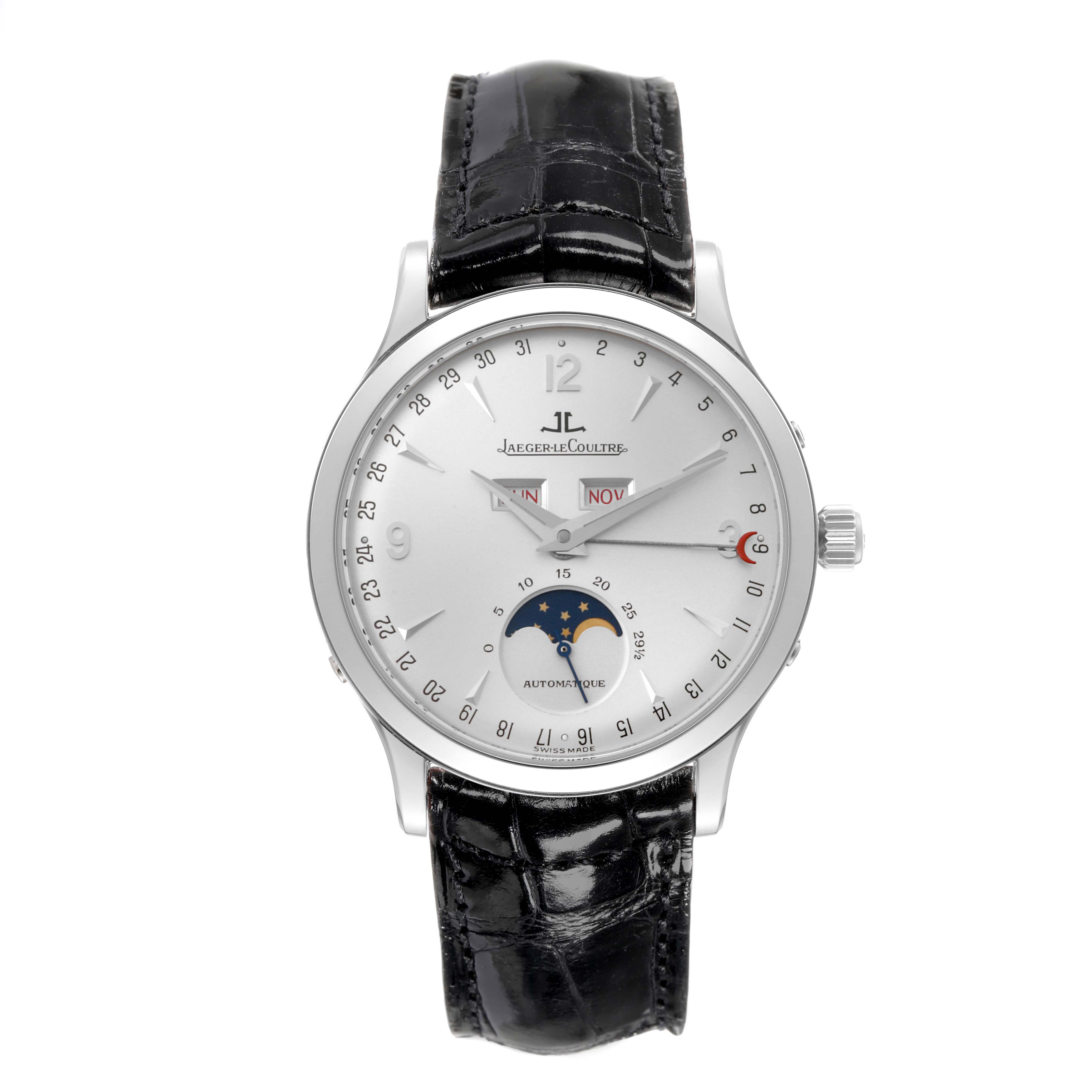 The Jaeger-LeCoultre Master watch is shown from the front, displaying its dial, hands, date, month, and moon phase indicators.