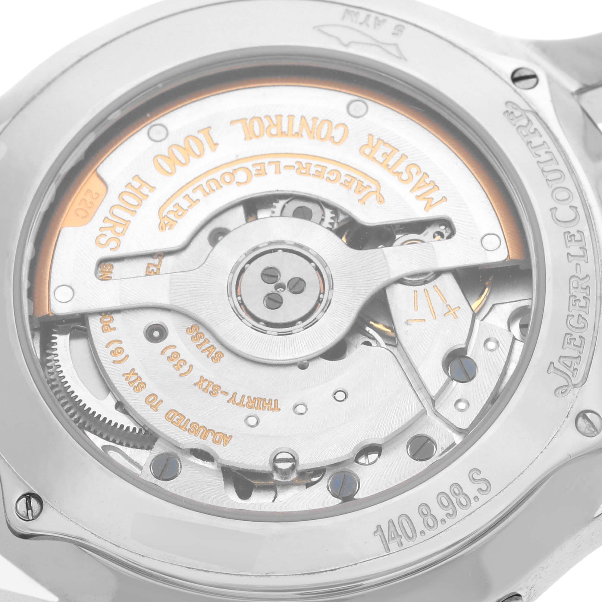 The image shows the case back of a Jaeger-LeCoultre Master model, highlighting the movement and engraving.