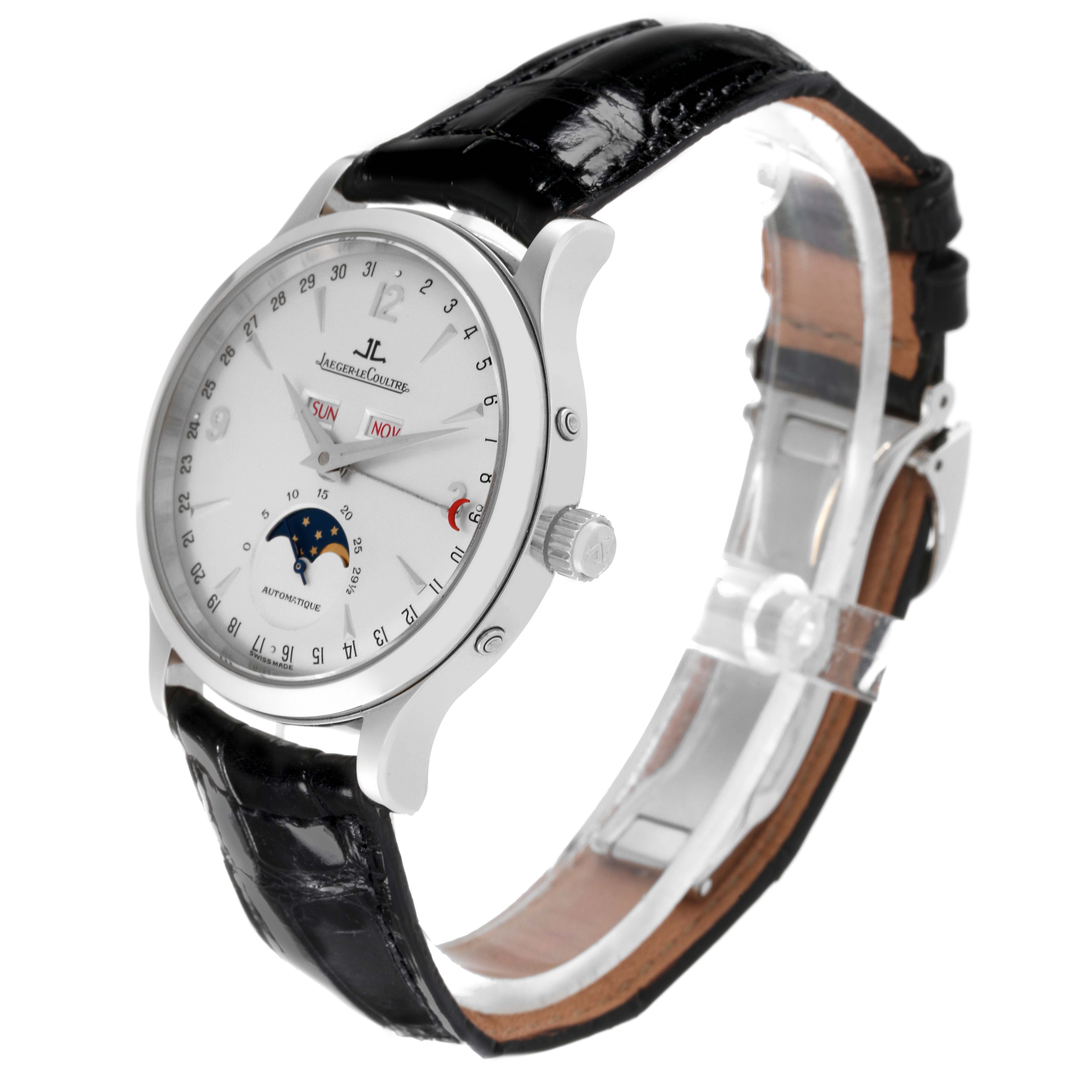 The Jaeger LeCoultre Master Q143842A Men
s Stainless Steel Silver Dial Q143842A Men
s Stainless Steel Silver Dial model watch is shown from a three-quarter angle, displaying its dial, crown, case, and leather strap.