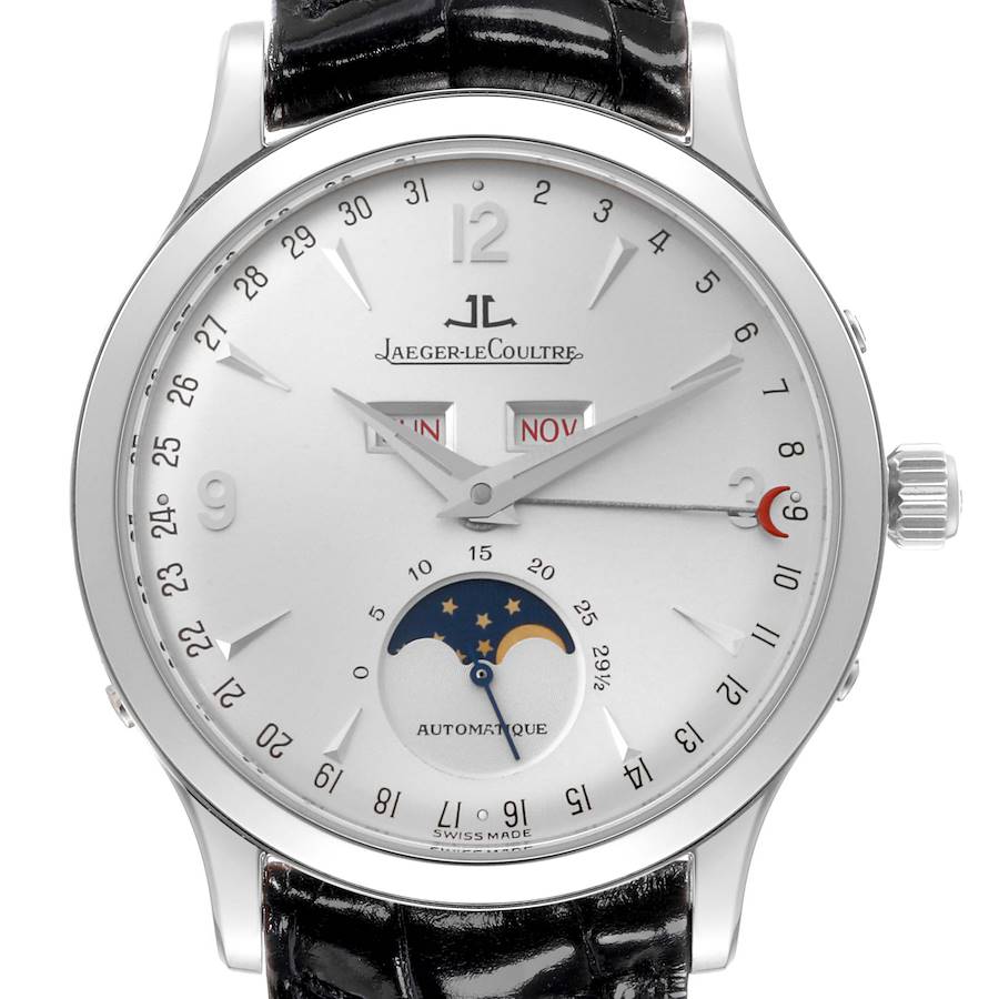 The image shows a front view of the Jaeger-LeCoultre Master model watch, highlighting the dial and moon phase display.