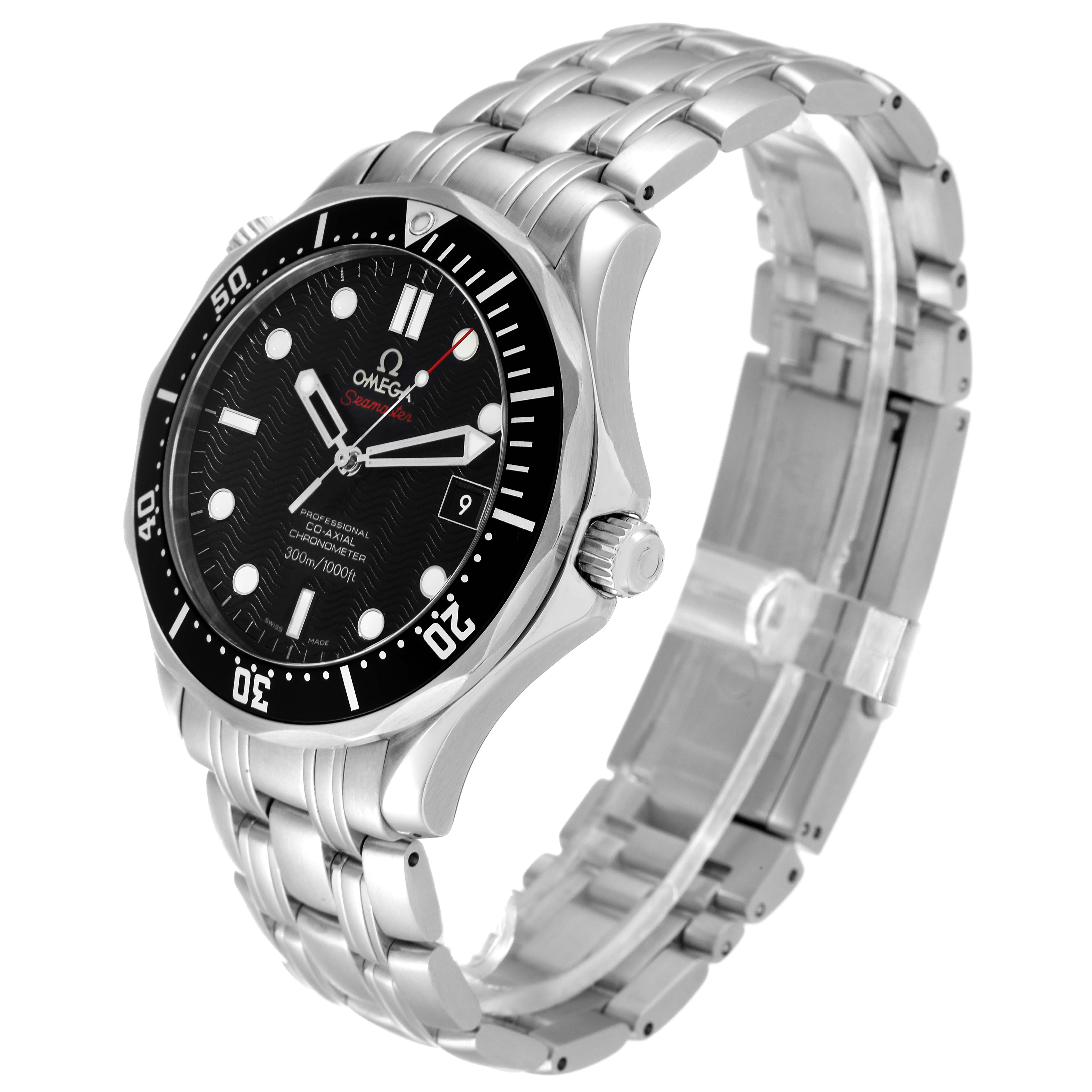 The Omega Seamaster 212.30.41.20.01.002 Men's Stainless Steel Black Dial 212.30.41.20.01.002 Men's Stainless Steel Black Dial watch is shown at an angled view, highlighting the face, bezel, crown, and metal bracelet.