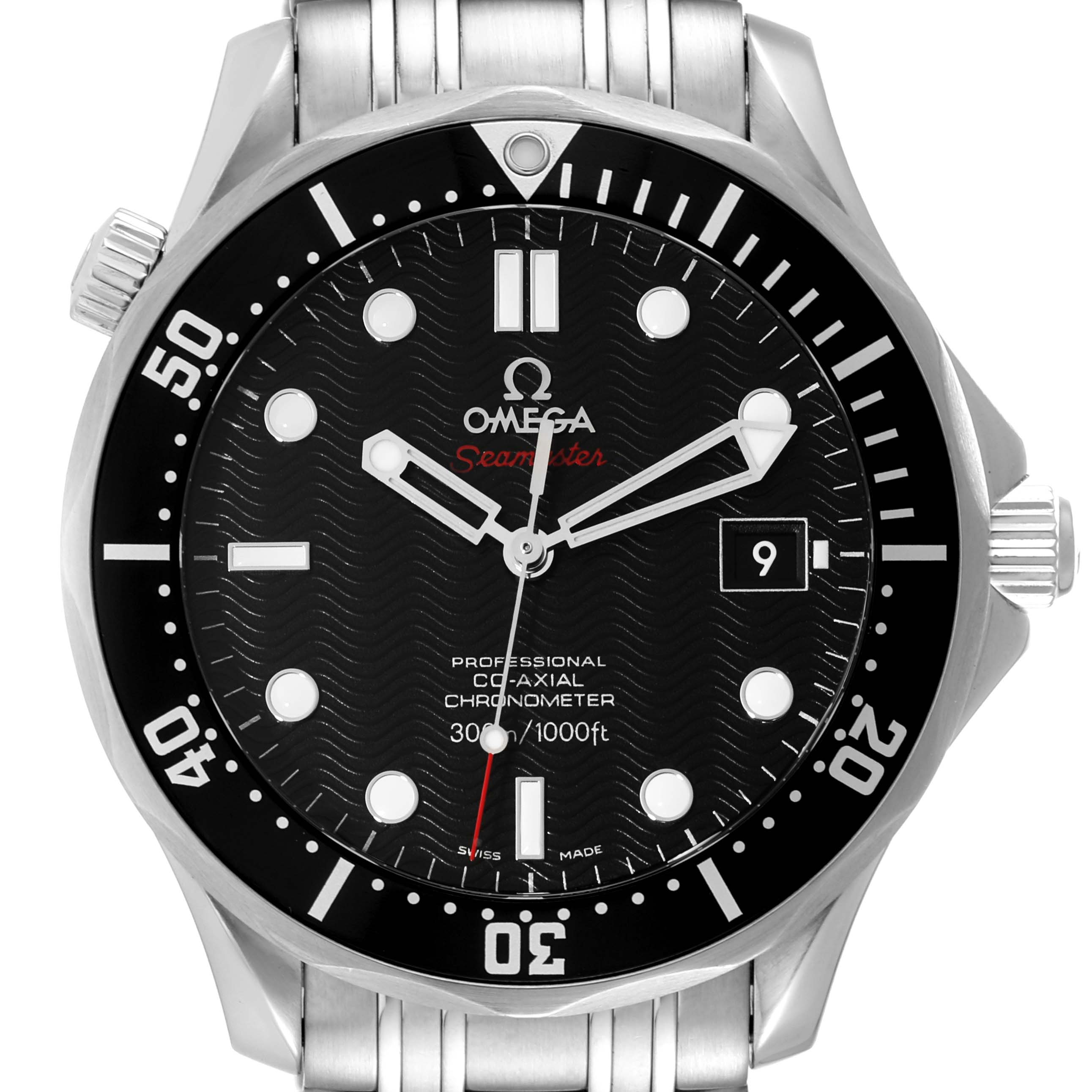 This Omega Seamaster 212.30.41.20.01.002 Men's Stainless Steel Black Dial 212.30.41.20.01.002 Men's Stainless Steel Black Dial watch is shown from a top-down angle, highlighting the bezel, dial, hands, date window, and parts of the bracelet.