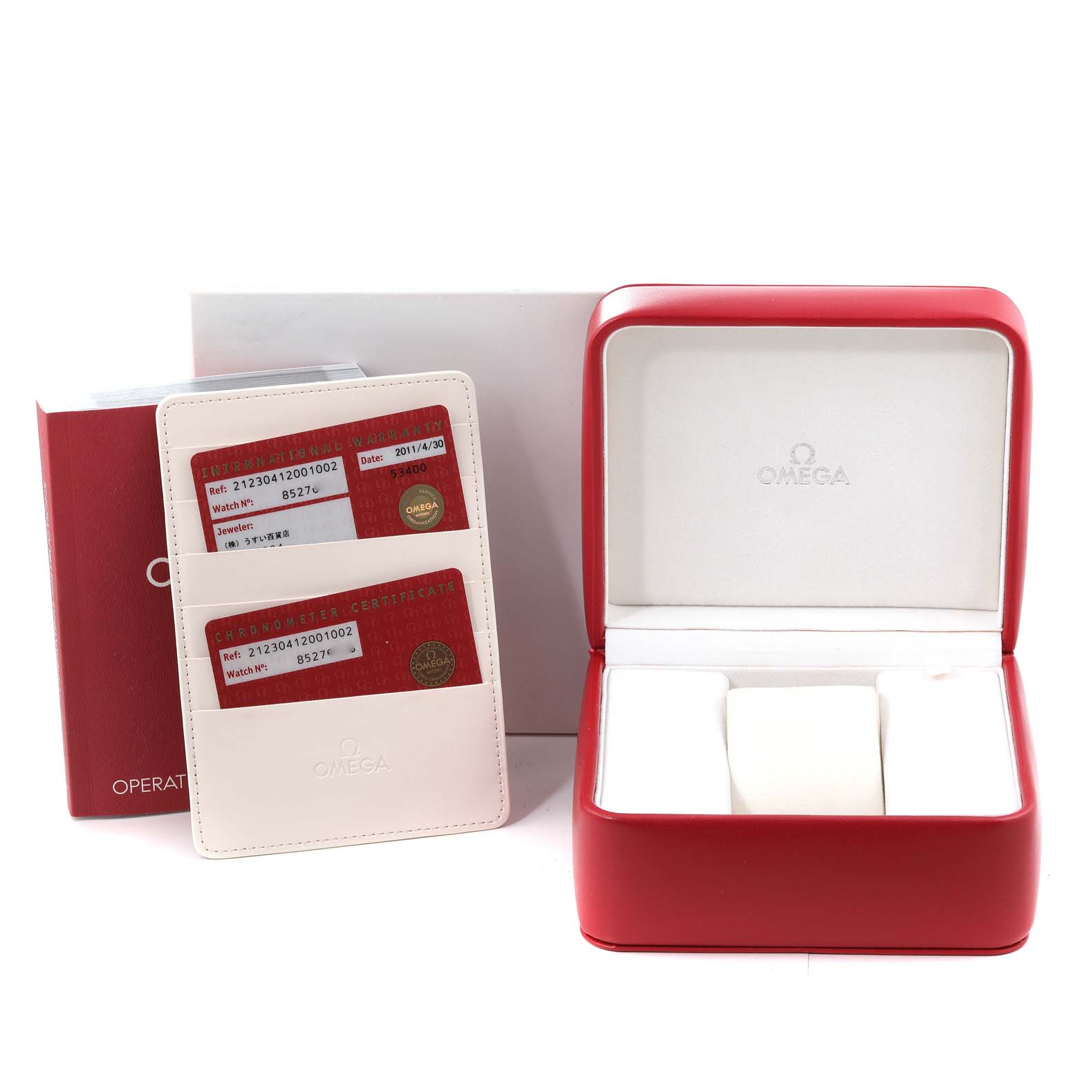 The image shows an Omega Seamaster 212.30.41.20.01.002 Men's Stainless Steel Black Dial 212.30.41.20.01.002 Men's Stainless Steel Black Dial watch box, warranty cards in a holder, and an operating manual.