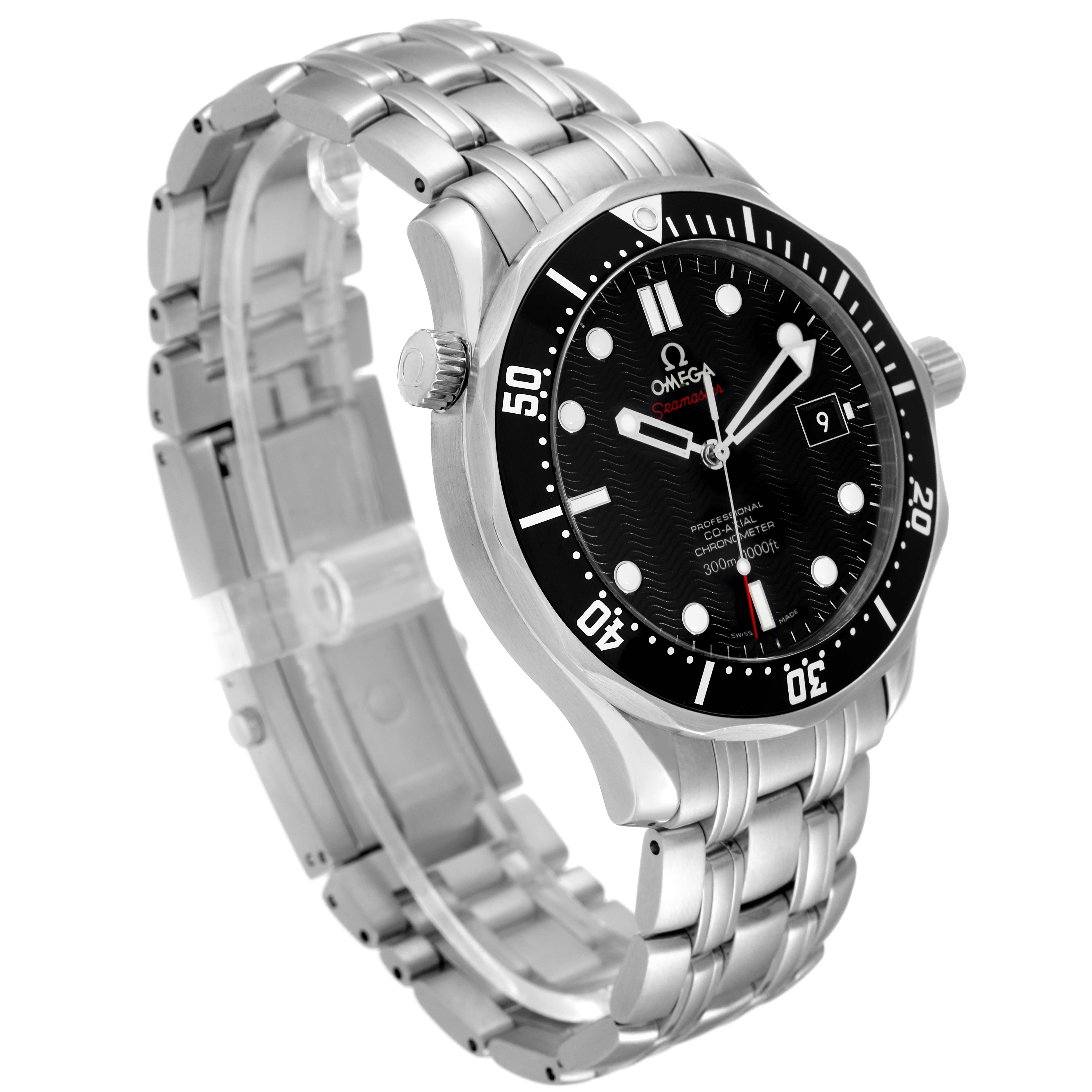 The image shows an Omega Seamaster 212.30.41.20.01.002 Men's Stainless Steel Black Dial 212.30.41.20.01.002 Men's Stainless Steel Black Dial watch from a front-side angle, highlighting the dial, bezel, bracelet, and crown.