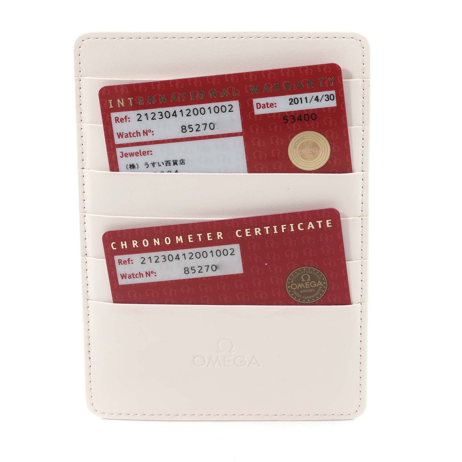 The image shows warranty and chronometer certificate cards for the Omega Seamaster 212.30.41.20.01.002 Men's Stainless Steel Black Dial 212.30.41.20.01.002 Men's Stainless Steel Black Dial model in a white cardholder.