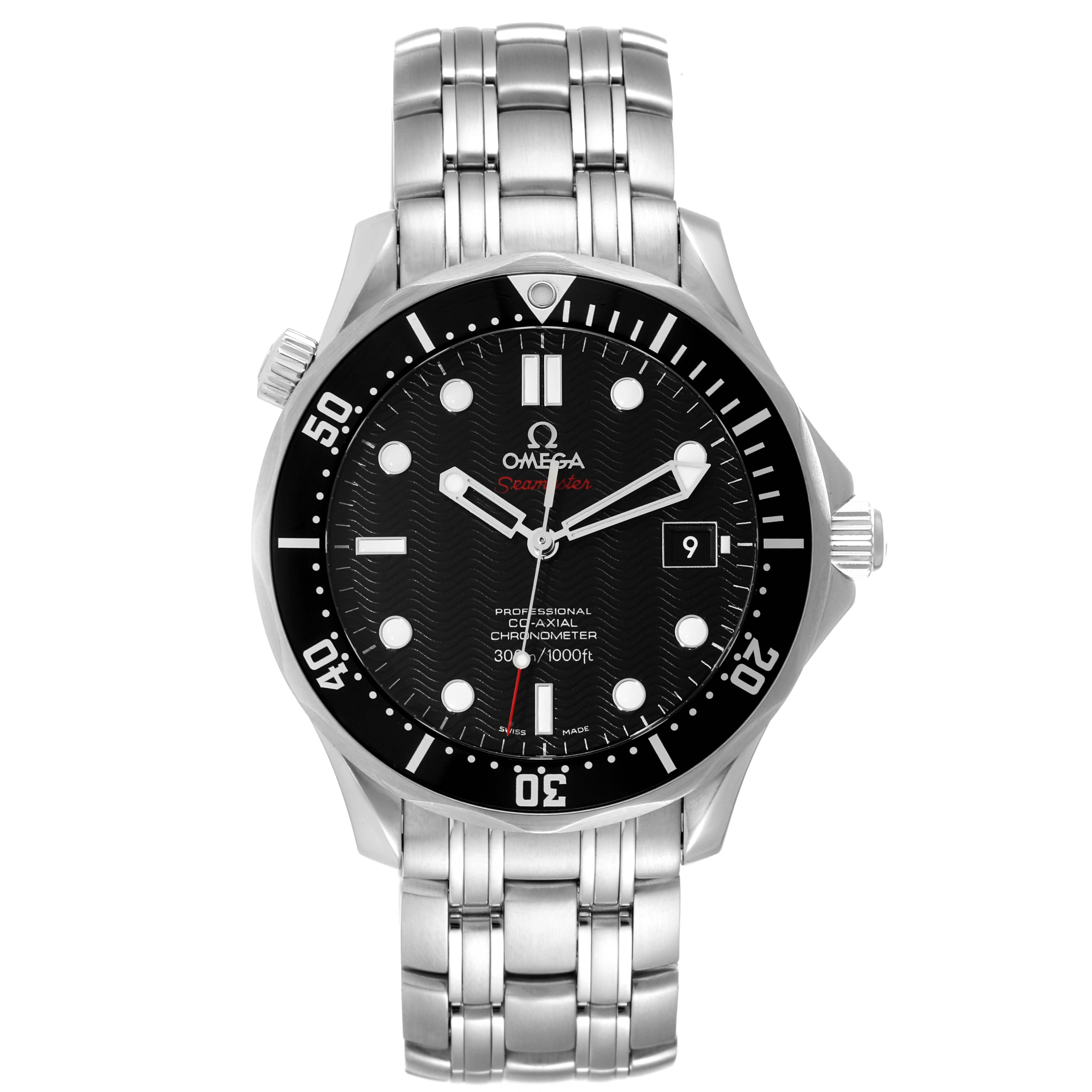 The image shows a front view of the Omega Seamaster 212.30.41.20.01.002 Men's Stainless Steel Black Dial 212.30.41.20.01.002 Men's Stainless Steel Black Dial watch, highlighting its face, bezel, crown, and metal bracelet.