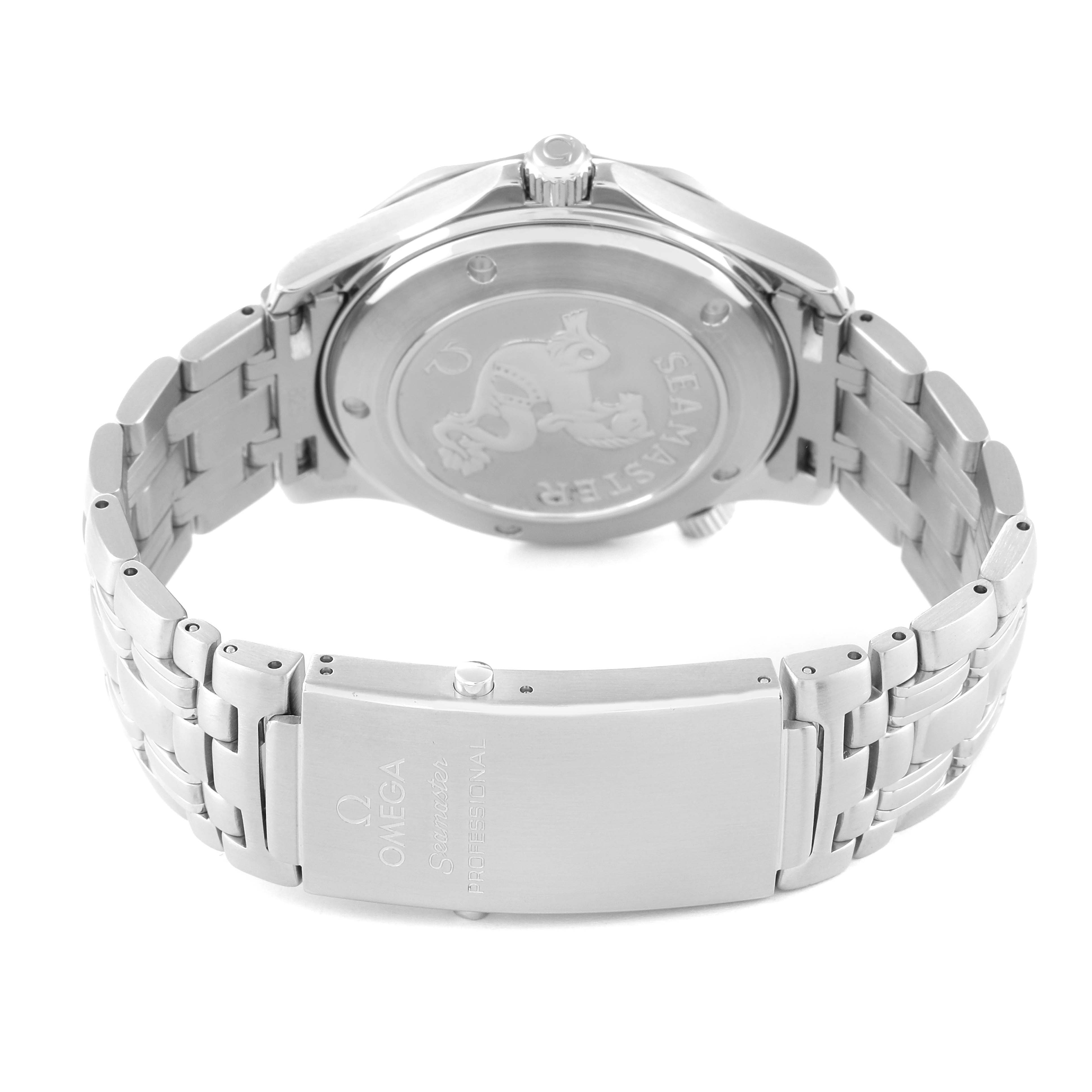 This image shows the back case and clasp of an Omega Seamaster 212.30.41.20.01.002 Men's Stainless Steel Black Dial 212.30.41.20.01.002 Men's Stainless Steel Black Dial watch, highlighting the bracelet and engravings.