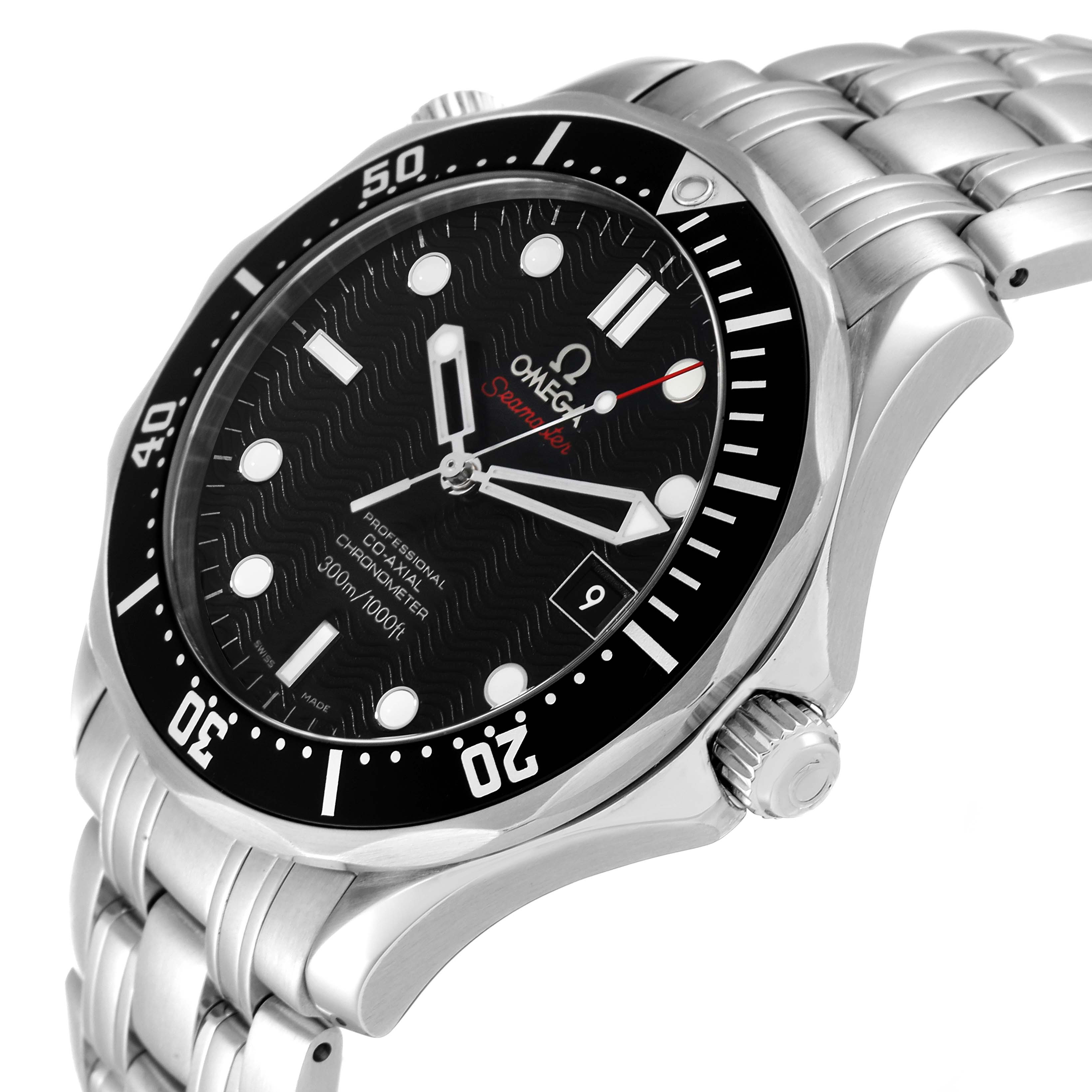 The image shows the dial, bezel, and bracelet of the Omega Seamaster 212.30.41.20.01.002 Men's Stainless Steel Black Dial 212.30.41.20.01.002 Men's Stainless Steel Black Dial, viewed from a slightly angled perspective.