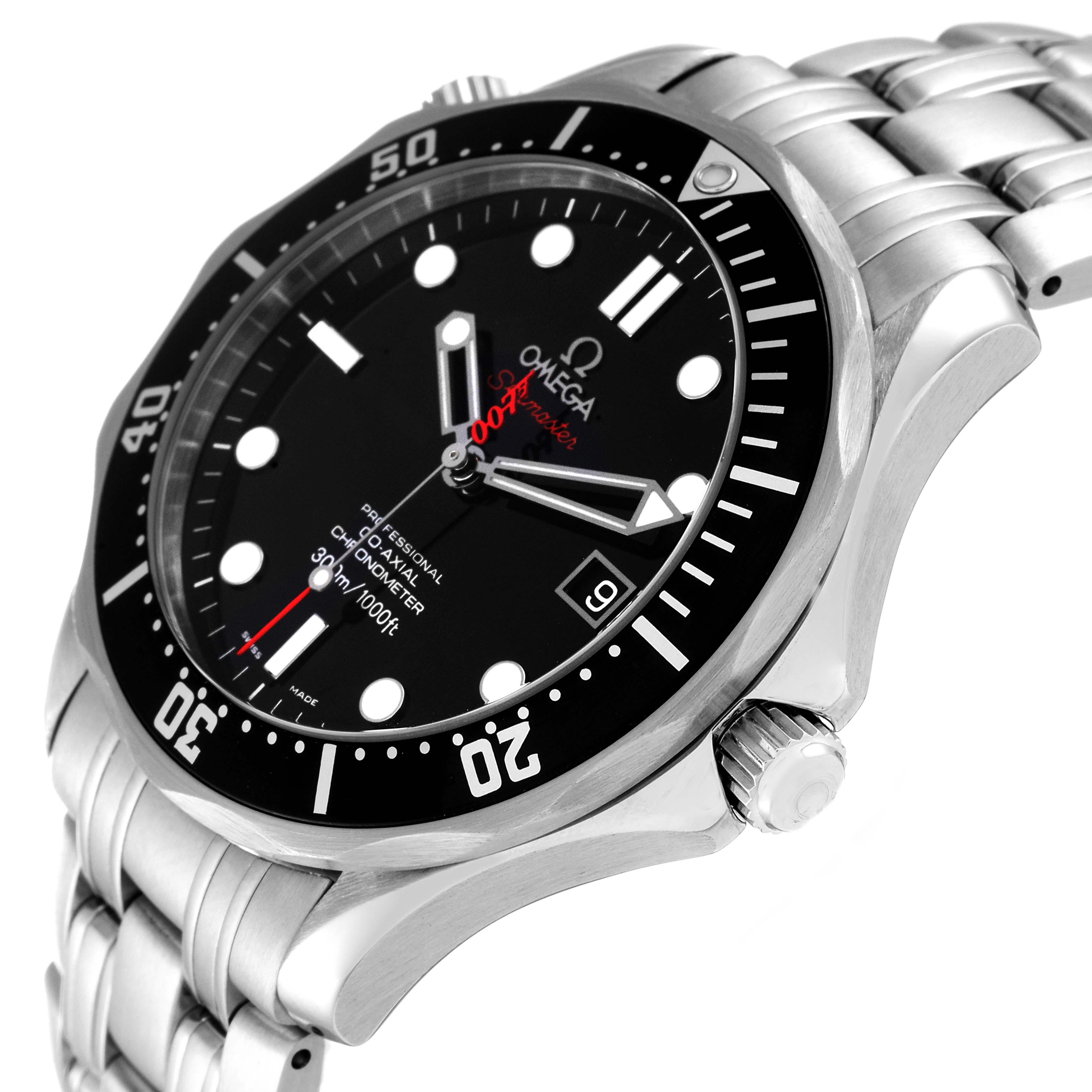 The image shows a close-up of an Omega Seamaster 212.30.41.20.01.001 Men's Stainless Steel Black Dial 212.30.41.20.01.001 Men's Stainless Steel Black Dial watch, highlighting the face, bezel, crown, and part of the stainless steel bracelet.