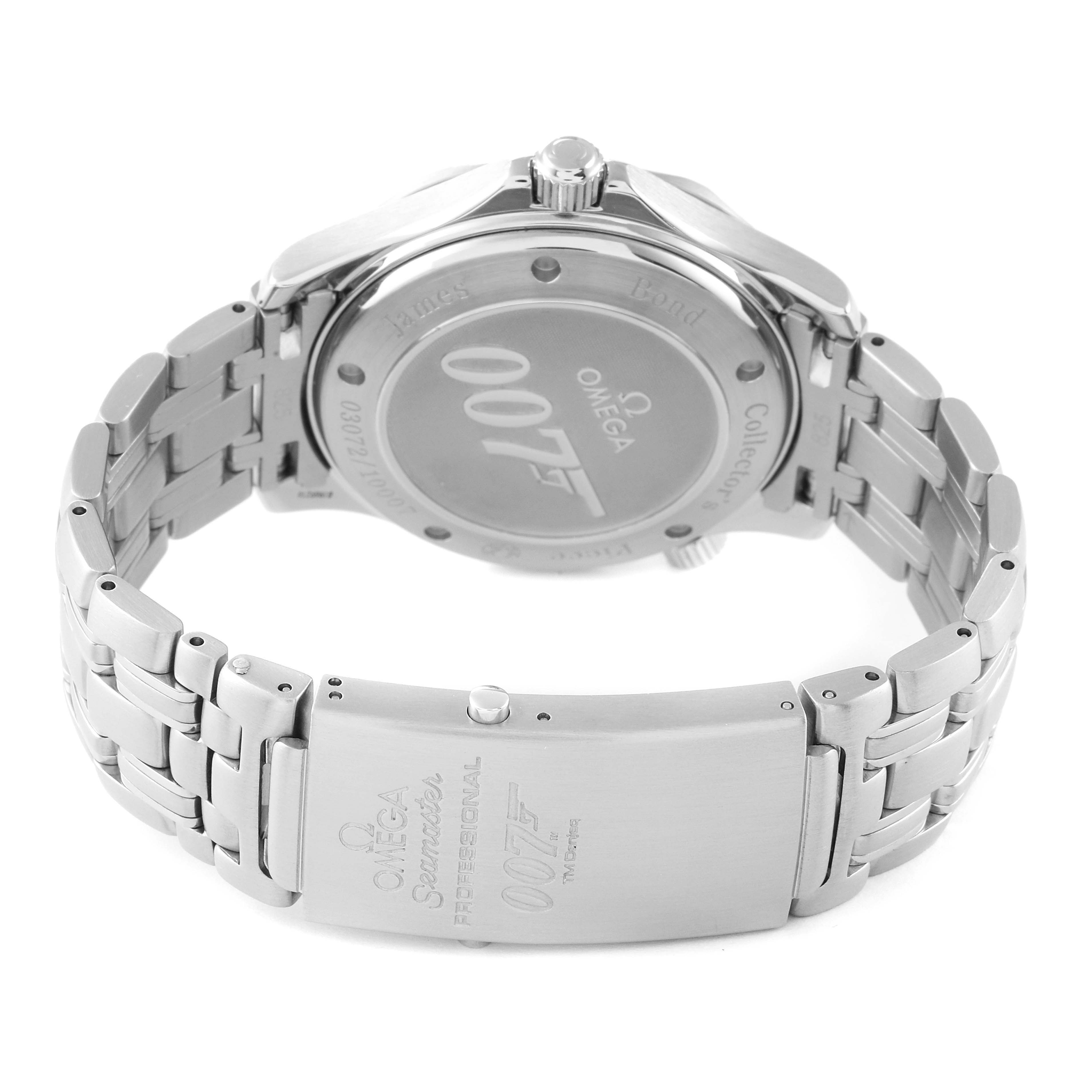 The image shows the back and clasp of an Omega Seamaster 212.30.41.20.01.001 Men's Stainless Steel Black Dial 212.30.41.20.01.001 Men's Stainless Steel Black Dial watch, featuring "007" branding and engravings.