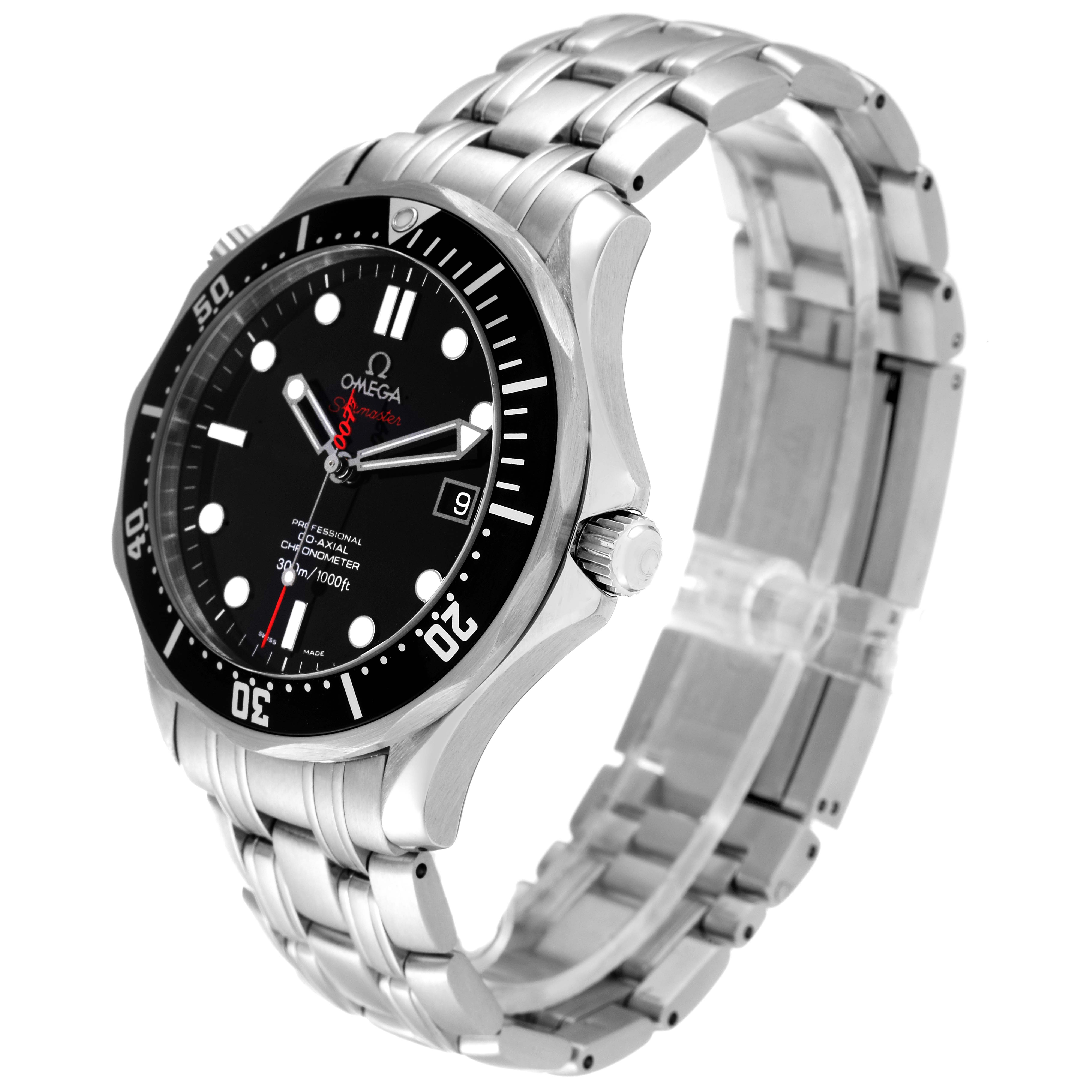 The image shows a side angle of an Omega Seamaster 212.30.41.20.01.001 Men's Stainless Steel Black Dial 212.30.41.20.01.001 Men's Stainless Steel Black Dial watch, highlighting its stainless steel case, bracelet, and face.