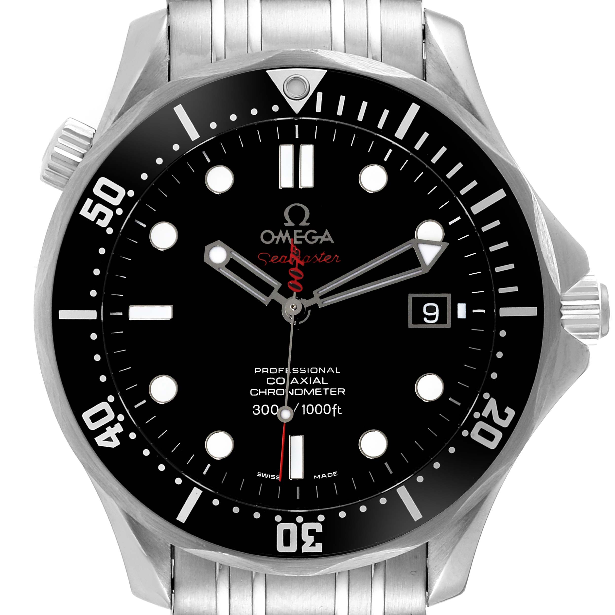 This image shows a frontal view of the Omega Seamaster 212.30.41.20.01.001 Men's Stainless Steel Black Dial 212.30.41.20.01.001 Men's Stainless Steel Black Dial watch, highlighting its dial, bezel, and part of the stainless steel bracelet.
