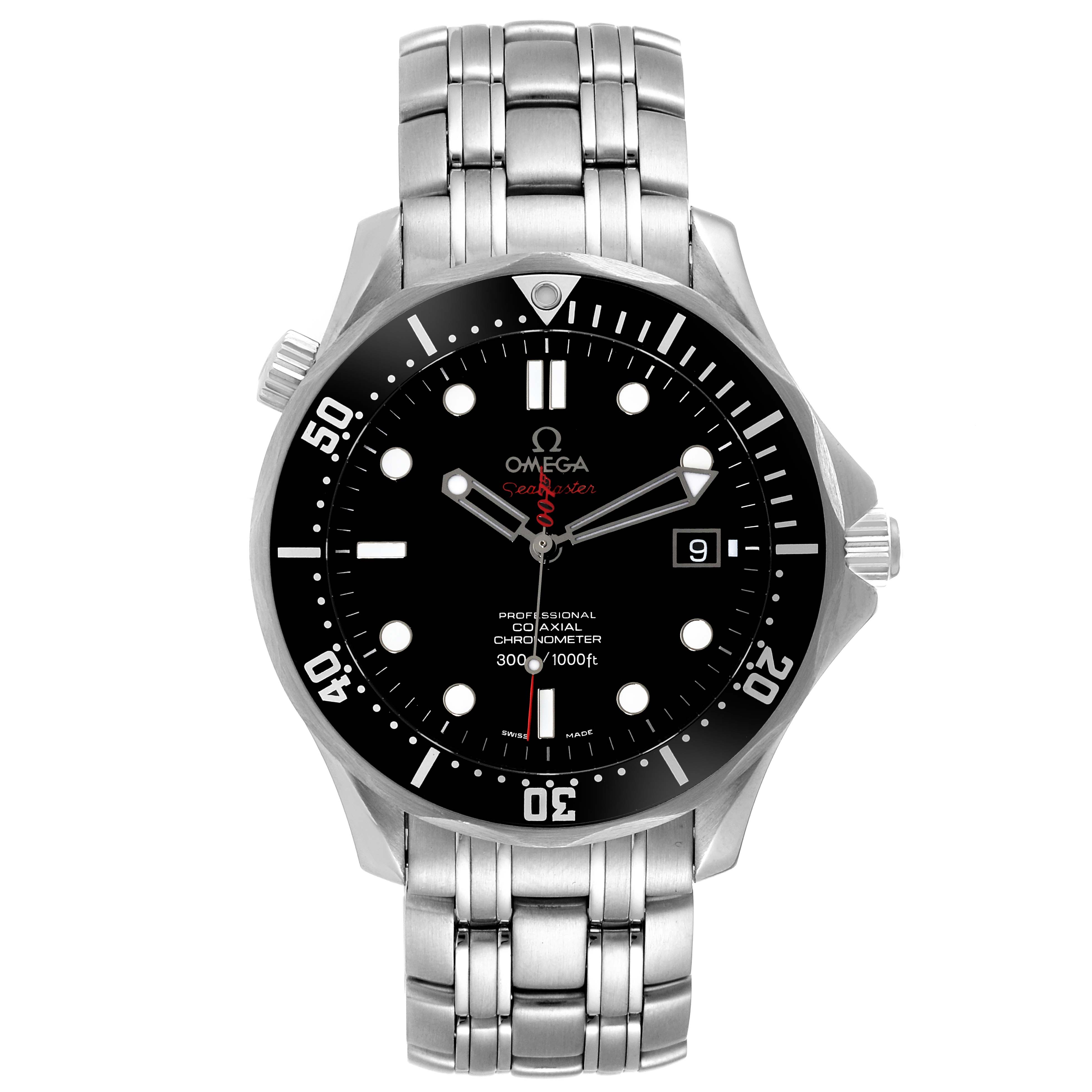 This image shows a front view of an Omega Seamaster 212.30.41.20.01.001 Men's Stainless Steel Black Dial 212.30.41.20.01.001 Men's Stainless Steel Black Dial watch, displaying the dial, bezel, and stainless steel bracelet.