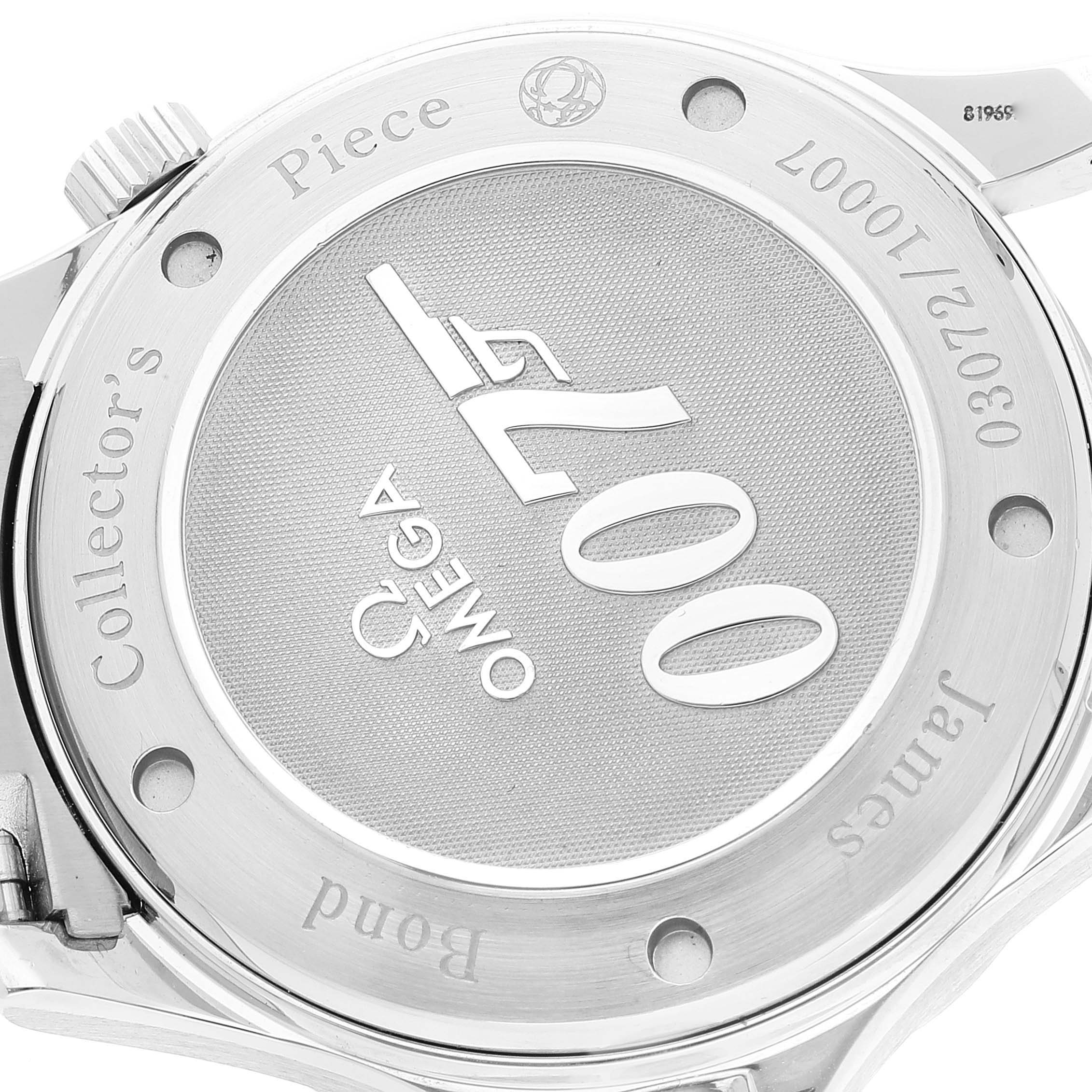 The image shows the back case of the Omega Seamaster 212.30.41.20.01.001 Men's Stainless Steel Black Dial 212.30.41.20.01.001 Men's Stainless Steel Black Dial watch, featuring "007" engravings and text detailing it as a collector's piece.