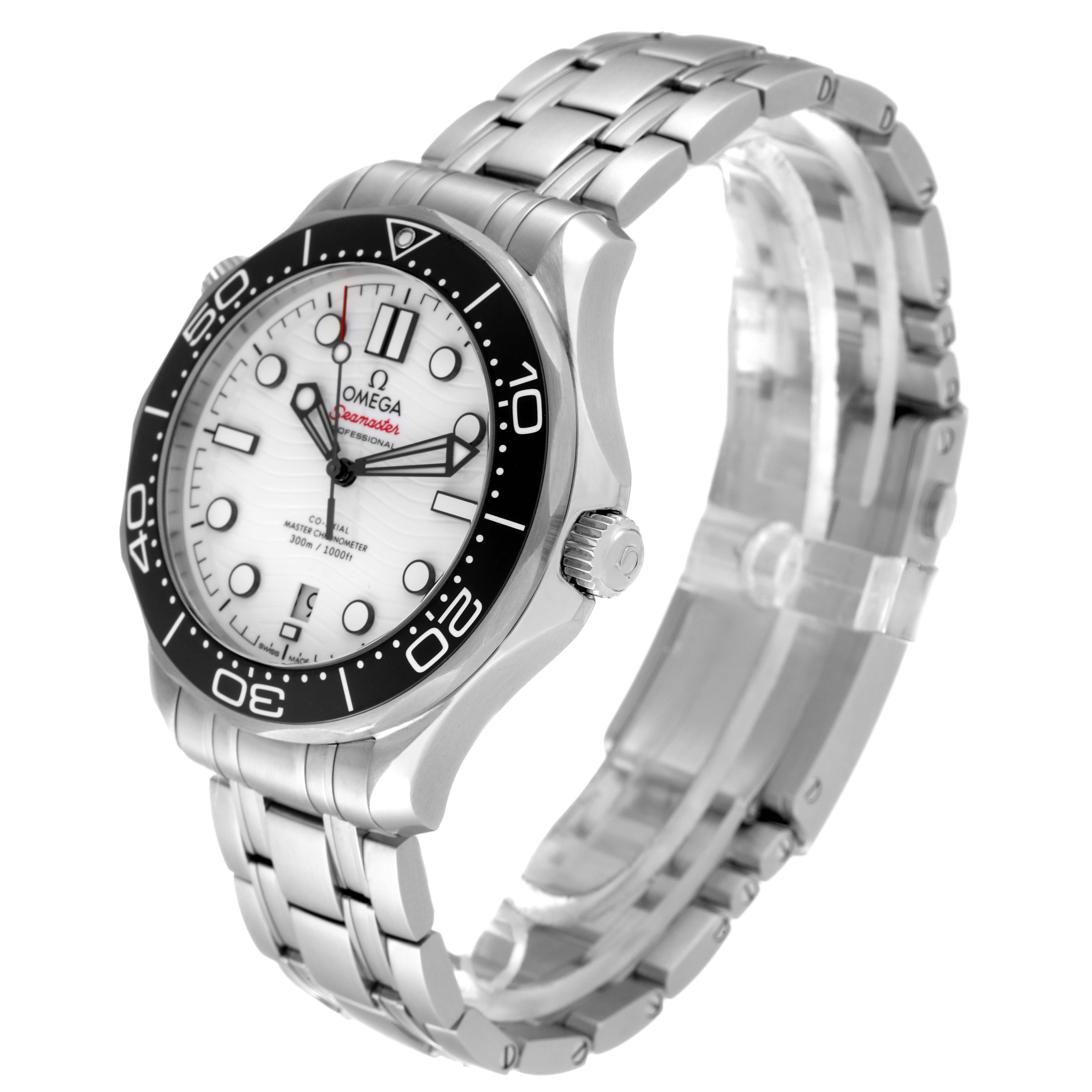 The Omega Seamaster 210.30.42.20.04.001 Men's Stainless Steel White Dial 210.30.42.20.04.001 Men's Stainless Steel White Dial watch is shown at a three-quarter angle, displaying the dial, bezel, crown, and part of the bracelet.