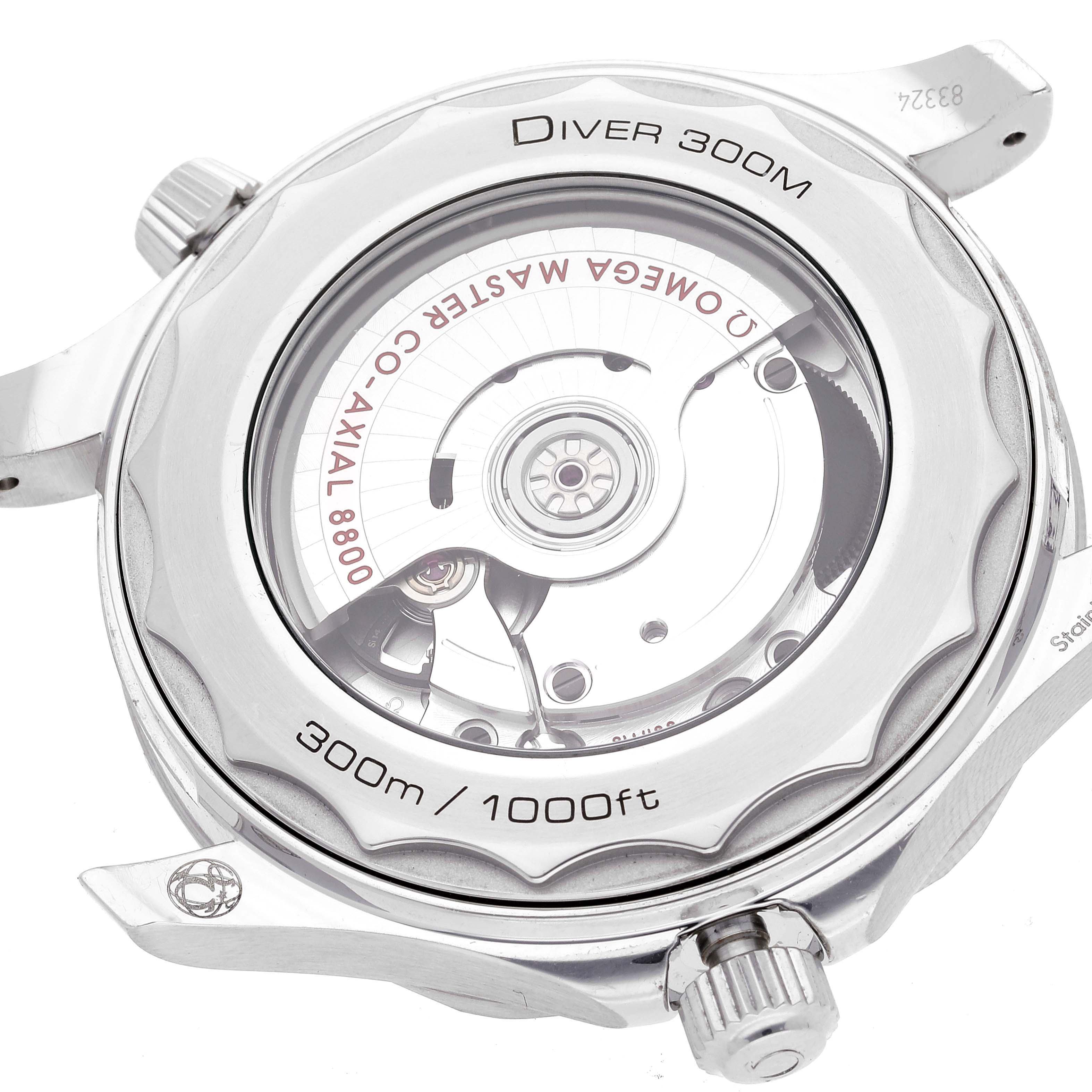 The image shows the case back and movement of an Omega Seamaster 210.30.42.20.04.001 Men's Stainless Steel White Dial 210.30.42.20.04.001 Men's Stainless Steel White Dial Diver 300M watch, highlighting the co-axial 8800 mechanism.