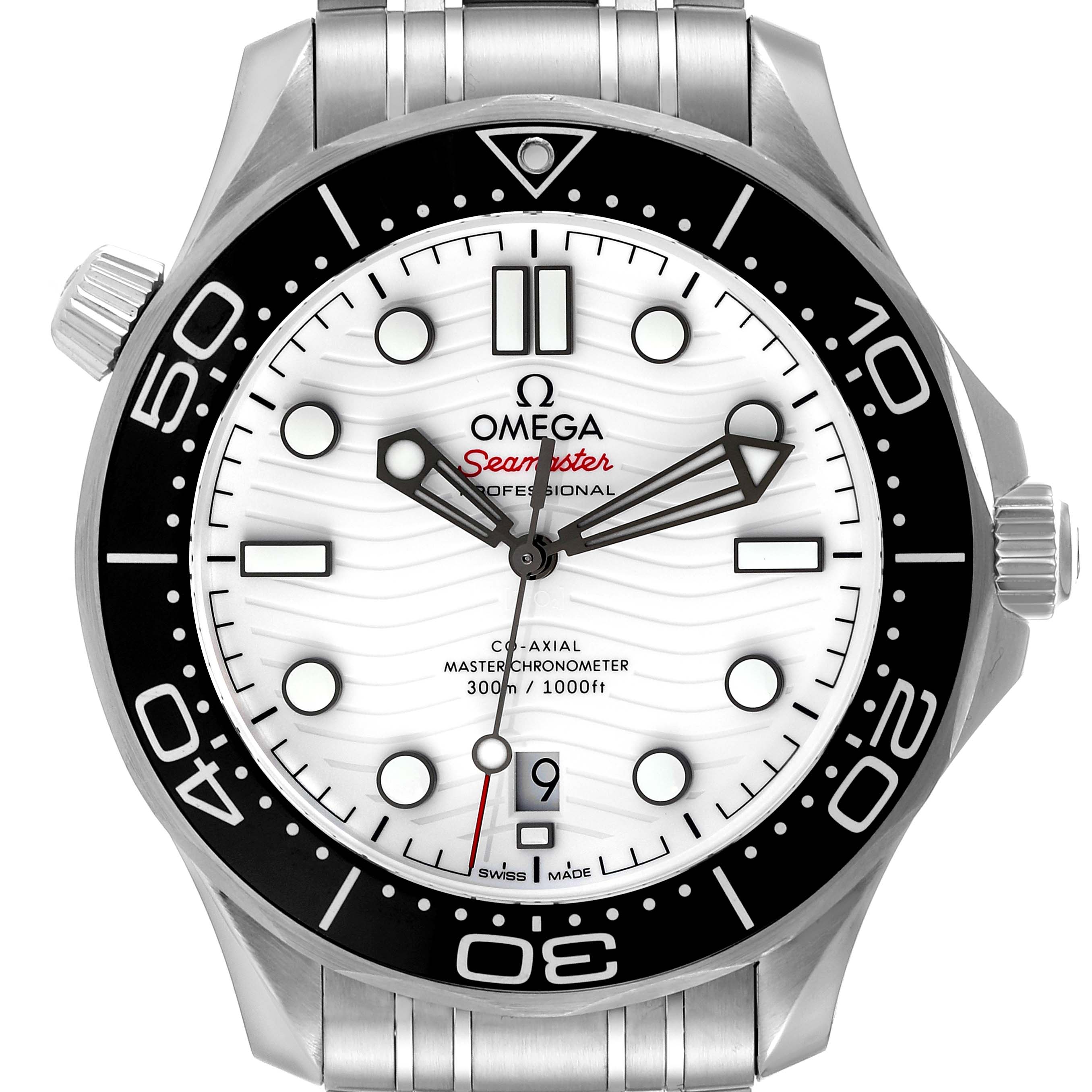 This image shows the face of an Omega Seamaster 210.30.42.20.04.001 Men's Stainless Steel White Dial 210.30.42.20.04.001 Men's Stainless Steel White Dial watch, highlighting the bezel, dial, hour markers, and hands.