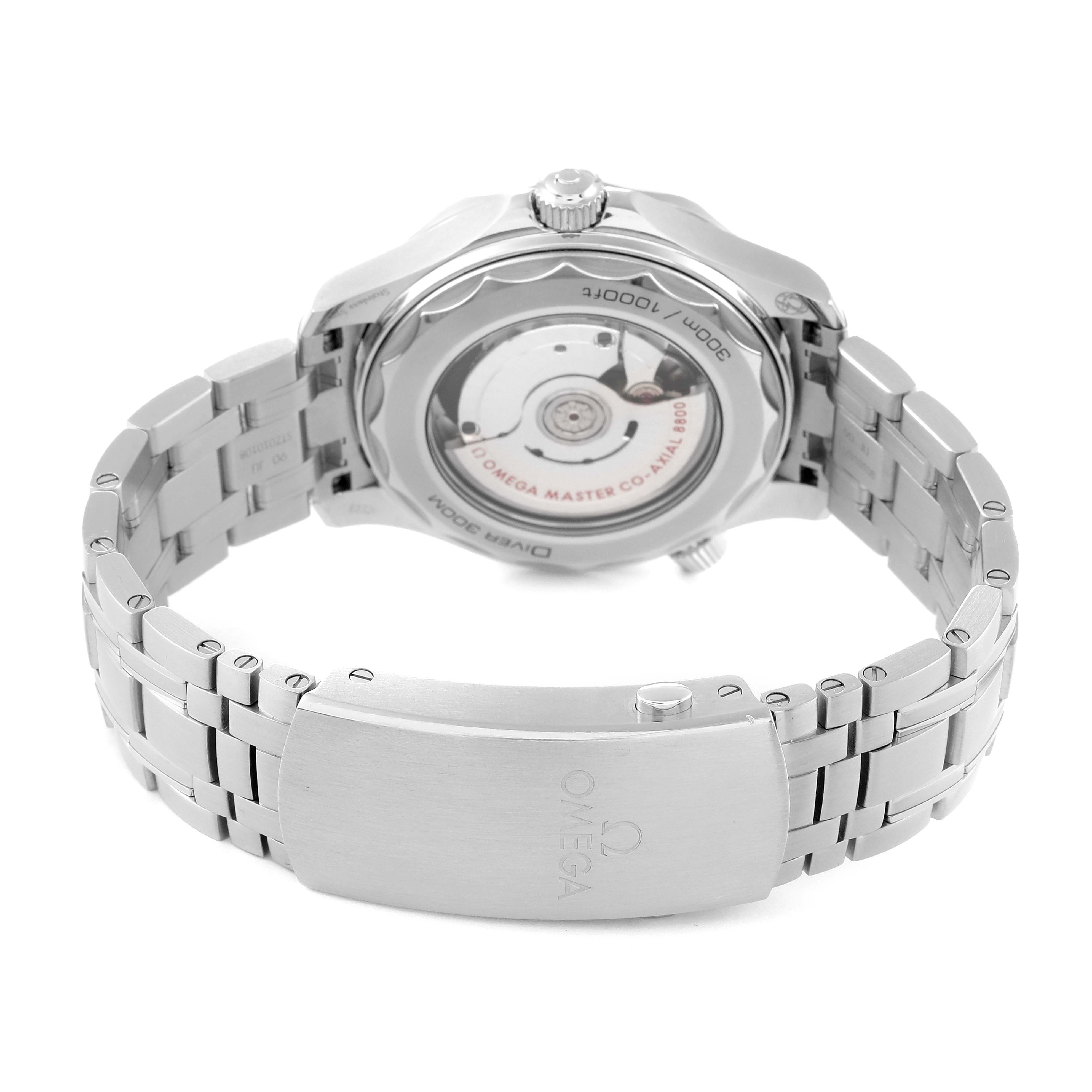 The image shows the back view of an Omega Seamaster 210.30.42.20.04.001 Men's Stainless Steel White Dial 210.30.42.20.04.001 Men's Stainless Steel White Dial watch, highlighting its stainless steel bracelet and open case back displaying the movement.