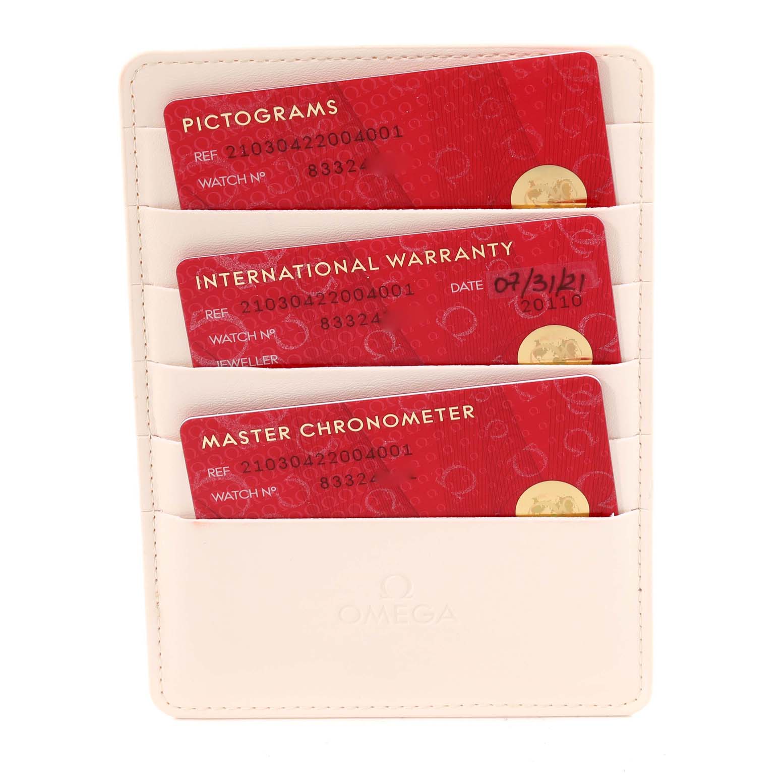 This image shows the warranty and certification cards for an Omega Seamaster 210.30.42.20.04.001 Men's Stainless Steel White Dial 210.30.42.20.04.001 Men's Stainless Steel White Dial watch.