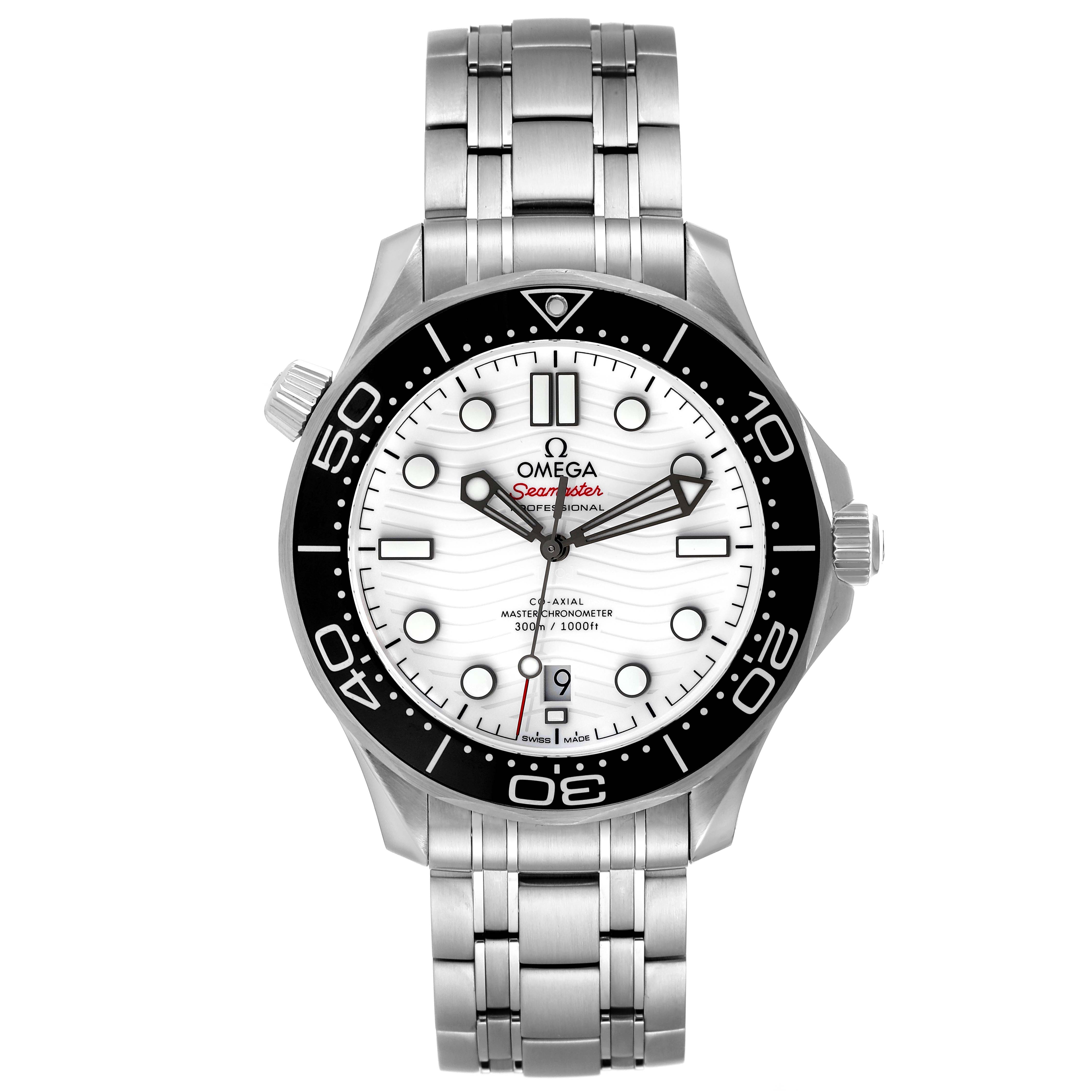 The image shows a front angle of the Omega Seamaster 210.30.42.20.04.001 Men's Stainless Steel White Dial 210.30.42.20.04.001 Men's Stainless Steel White Dial watch, highlighting its face, bezel, and metal bracelet.