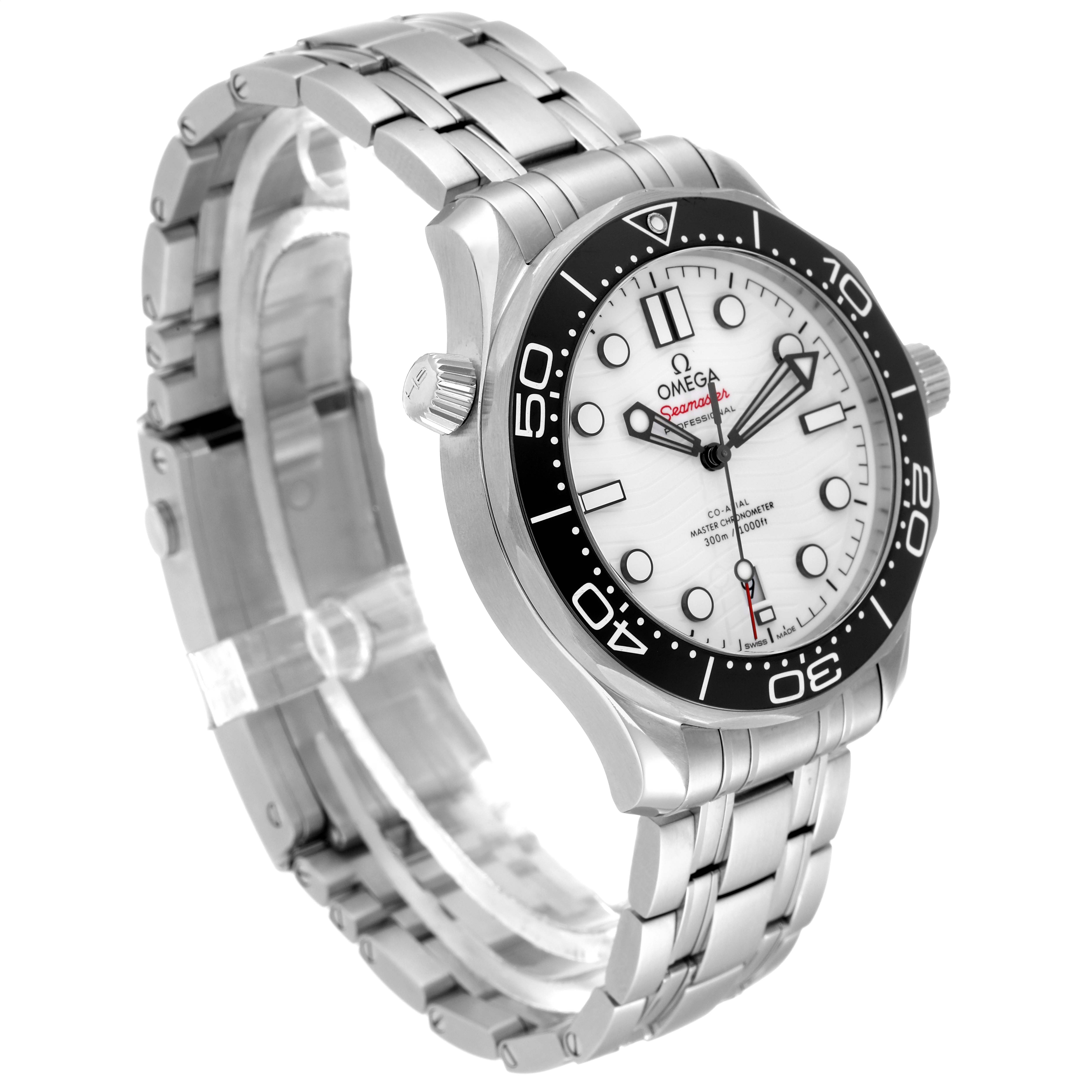 The Omega Seamaster 210.30.42.20.04.001 Men's Stainless Steel White Dial 210.30.42.20.04.001 Men's Stainless Steel White Dial watch is shown at an angle displaying its face, bezel, crown, and stainless steel bracelet.
