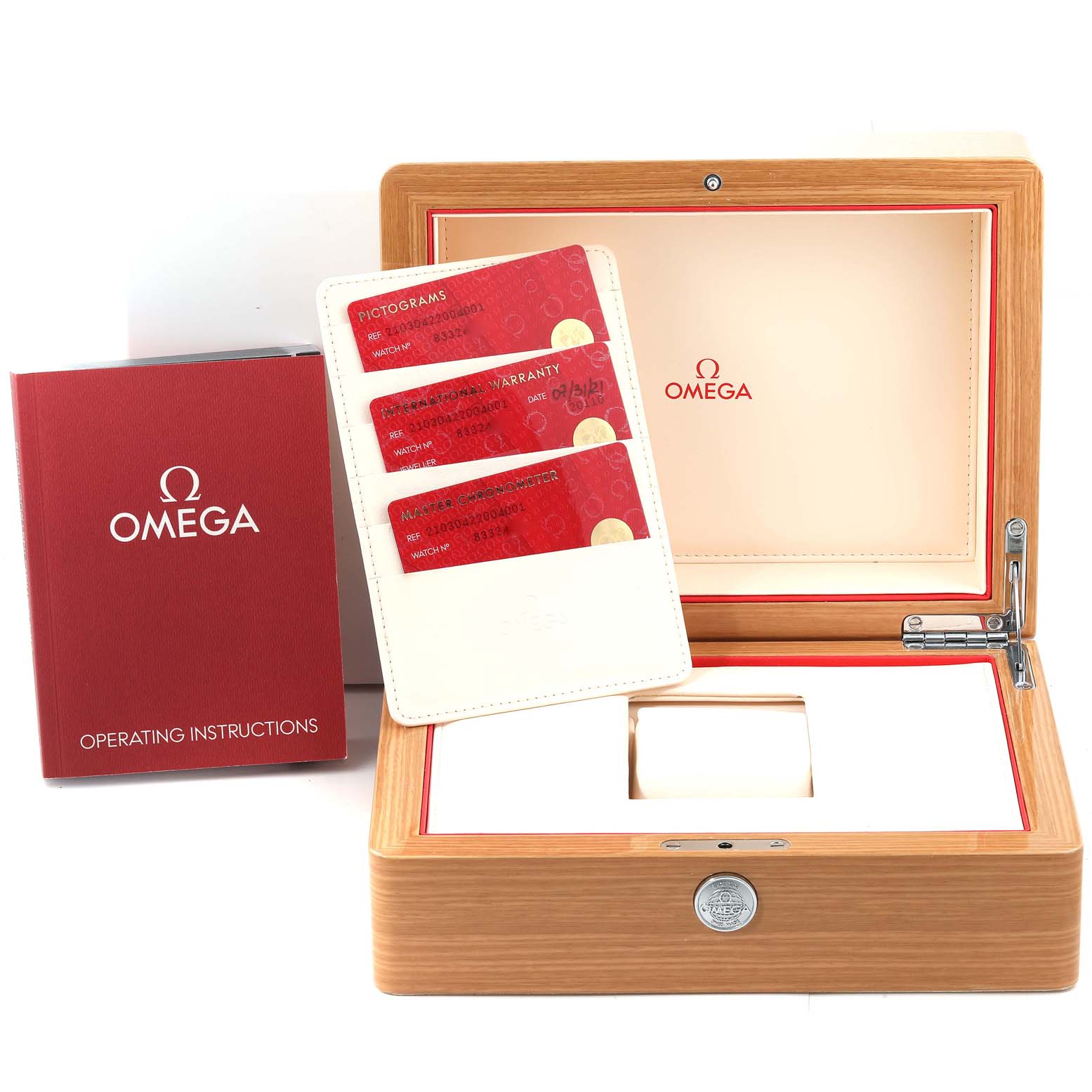 The image shows an Omega Seamaster 210.30.42.20.04.001 Men's Stainless Steel White Dial 210.30.42.20.04.001 Men's Stainless Steel White Dial watch box with operating instructions, warranty, and pictogram cards.