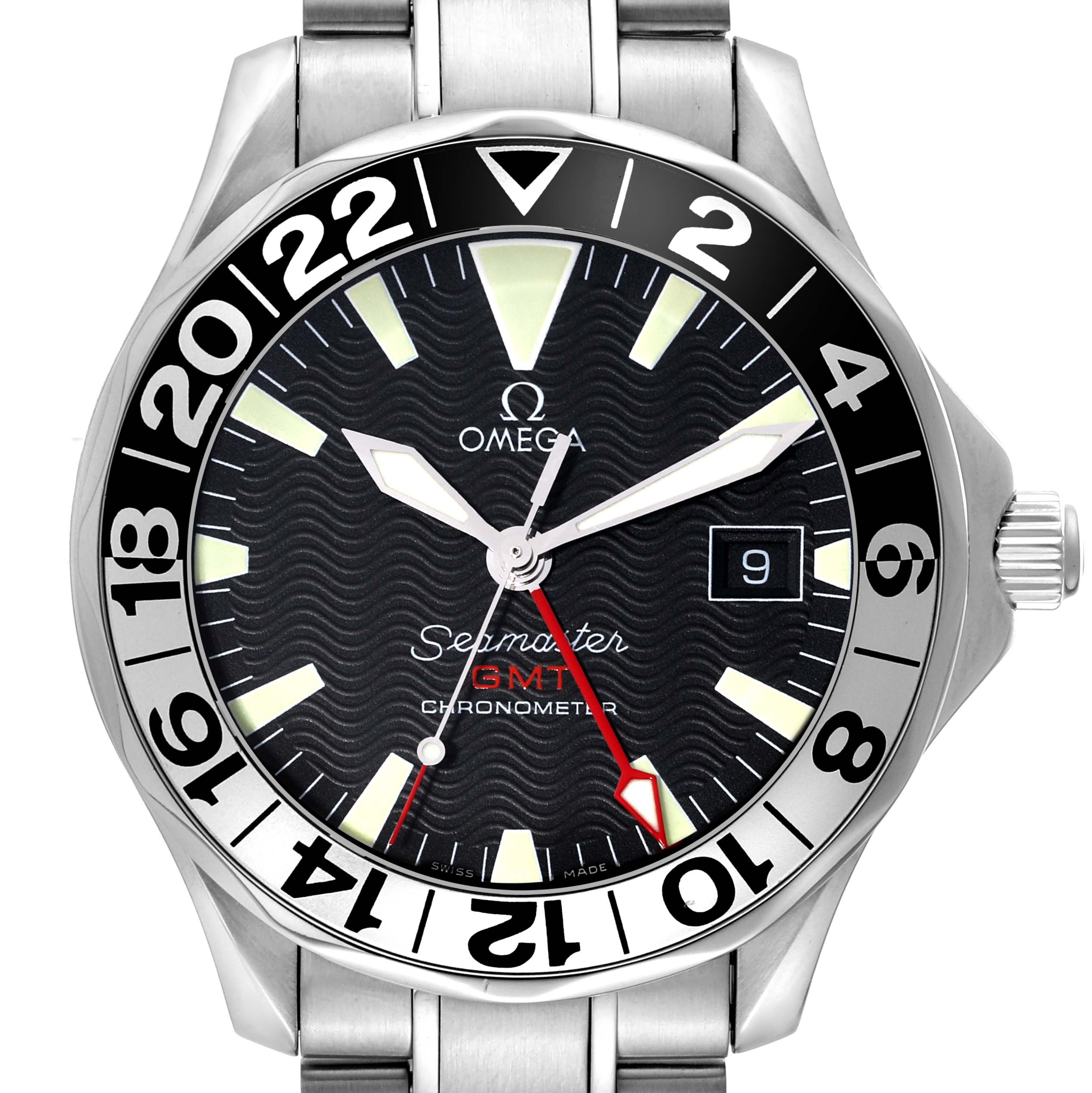 The image shows a front view of the Omega Seamaster 2234.50.00 Men
s Stainless Steel Black Dial 2234.50.00 Men
s Stainless Steel Black Dial GMT Chronometer watch, highlighting its face, bezel, and part of the bracelet.