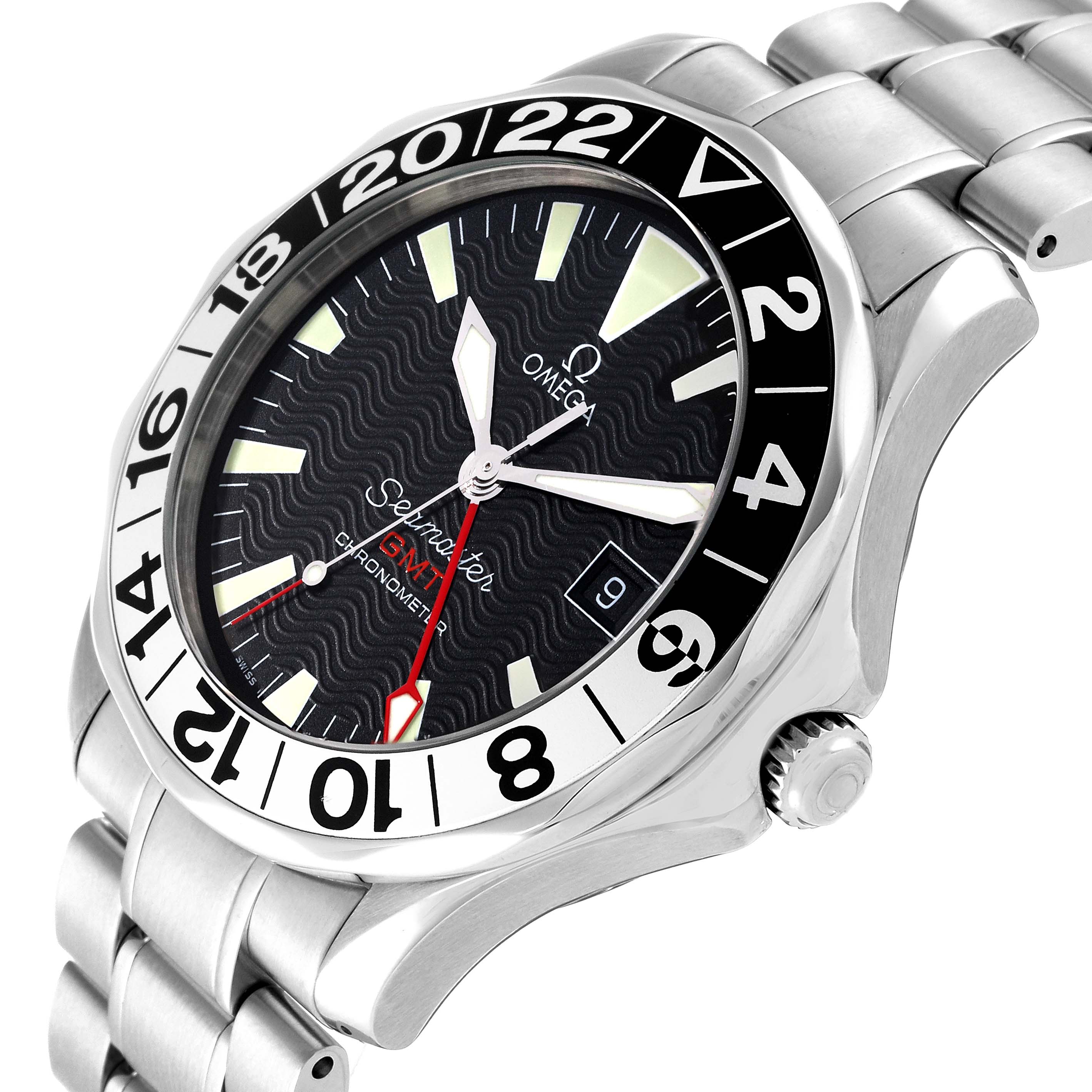 The image shows an Omega Seamaster 2234.50.00 Men
s Stainless Steel Black Dial 2234.50.00 Men
s Stainless Steel Black Dial watch at a three-quarter angle, displaying the watch face, bezel, crown, and part of the bracelet.