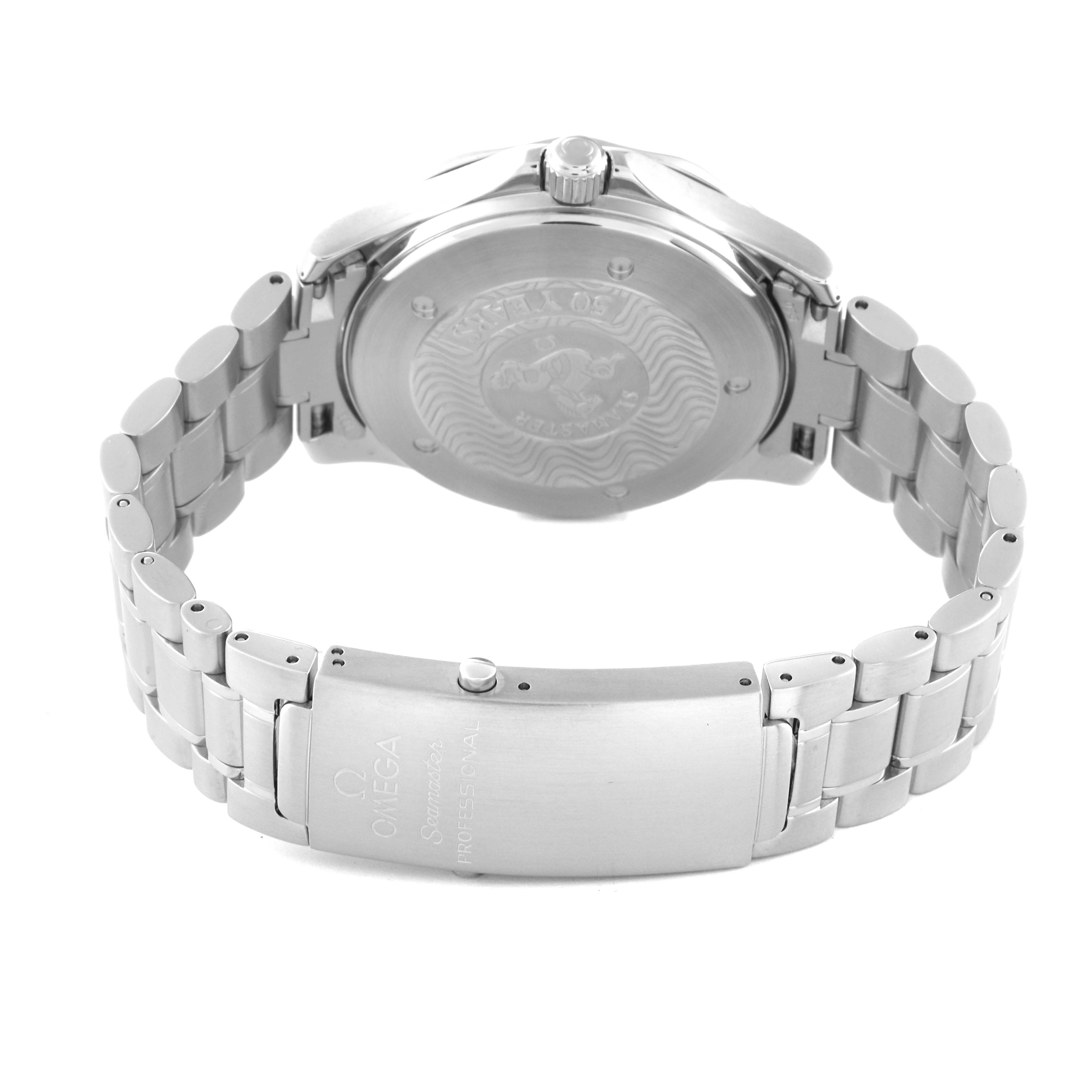 The image shows the backside, clasp, and part of the metal bracelet of the Omega Seamaster 2234.50.00 Men
s Stainless Steel Black Dial 2234.50.00 Men
s Stainless Steel Black Dial watch.