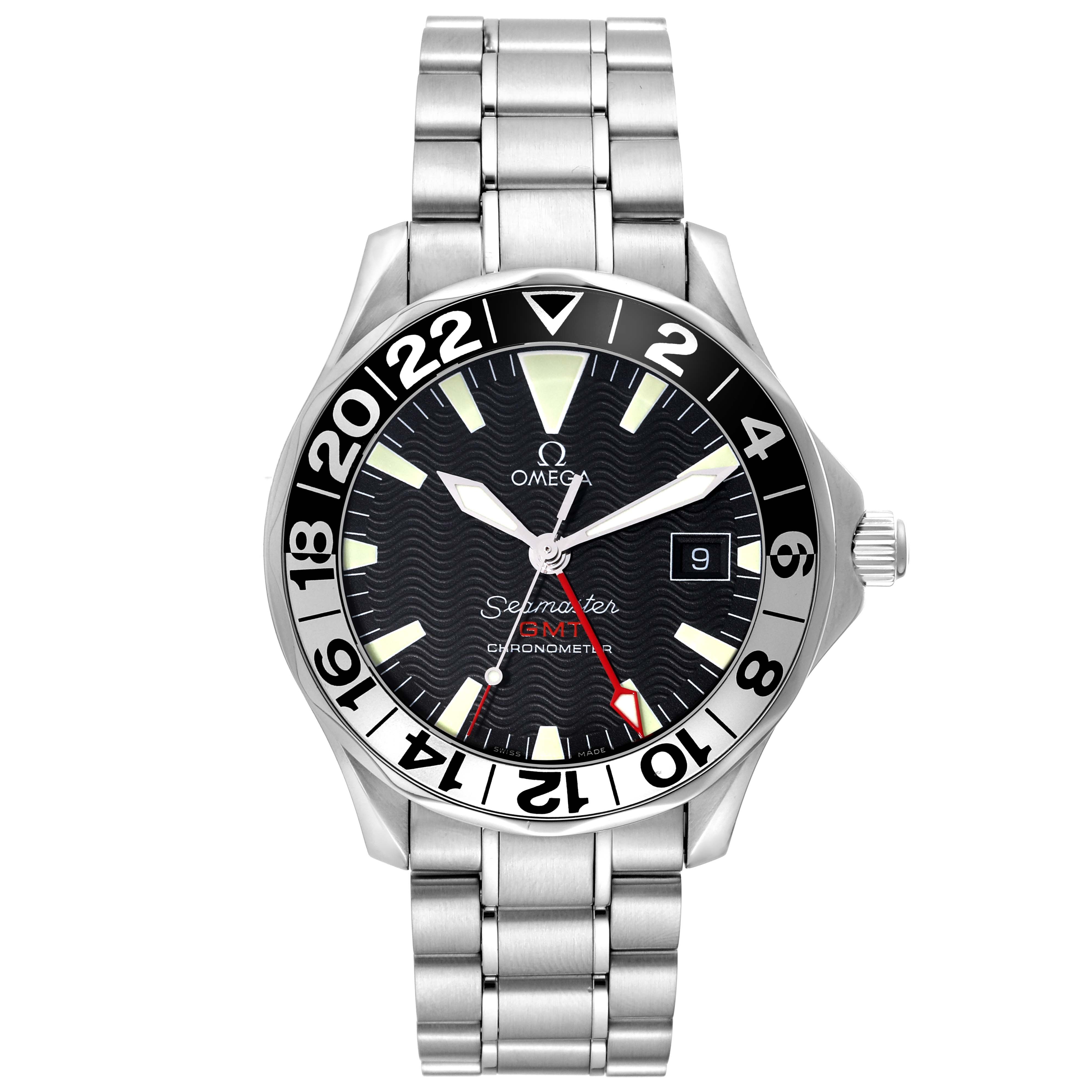The image shows a front angle of the Omega Seamaster 2234.50.00 Men
s Stainless Steel Black Dial 2234.50.00 Men
s Stainless Steel Black Dial watch, displaying its face, bezel, and stainless steel bracelet.