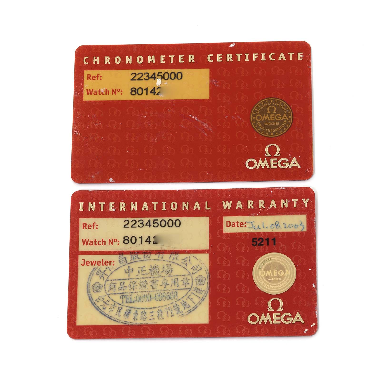 The image shows the Chronometer Certificate and International Warranty cards for an Omega Seamaster 2234.50.00 Men
s Stainless Steel Black Dial 2234.50.00 Men
s Stainless Steel Black Dial watch.