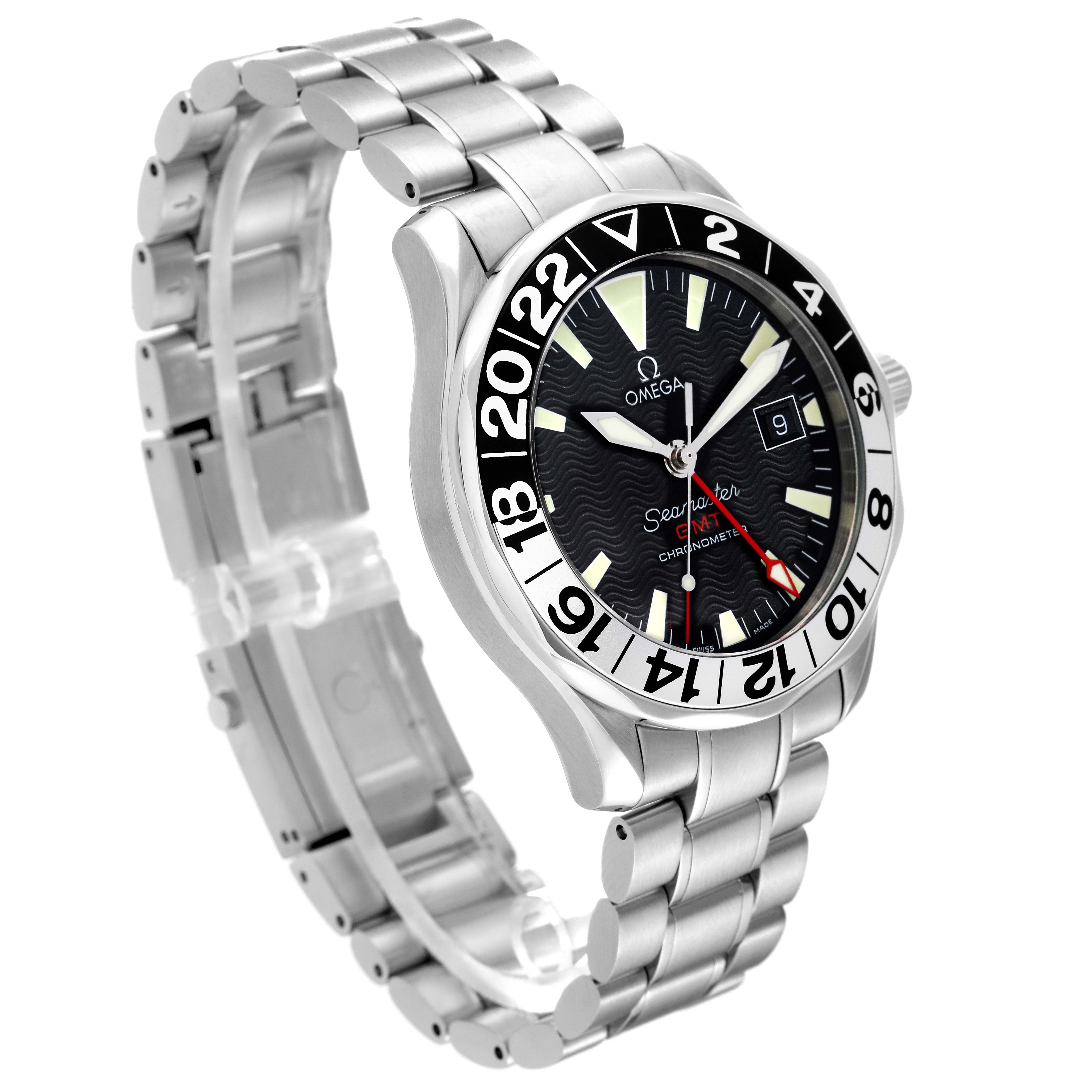 The image displays an Omega Seamaster 2234.50.00 Men
s Stainless Steel Black Dial 2234.50.00 Men
s Stainless Steel Black Dial watch at a 3/4 angle, showcasing the dial, bezel, crown, and stainless steel bracelet.