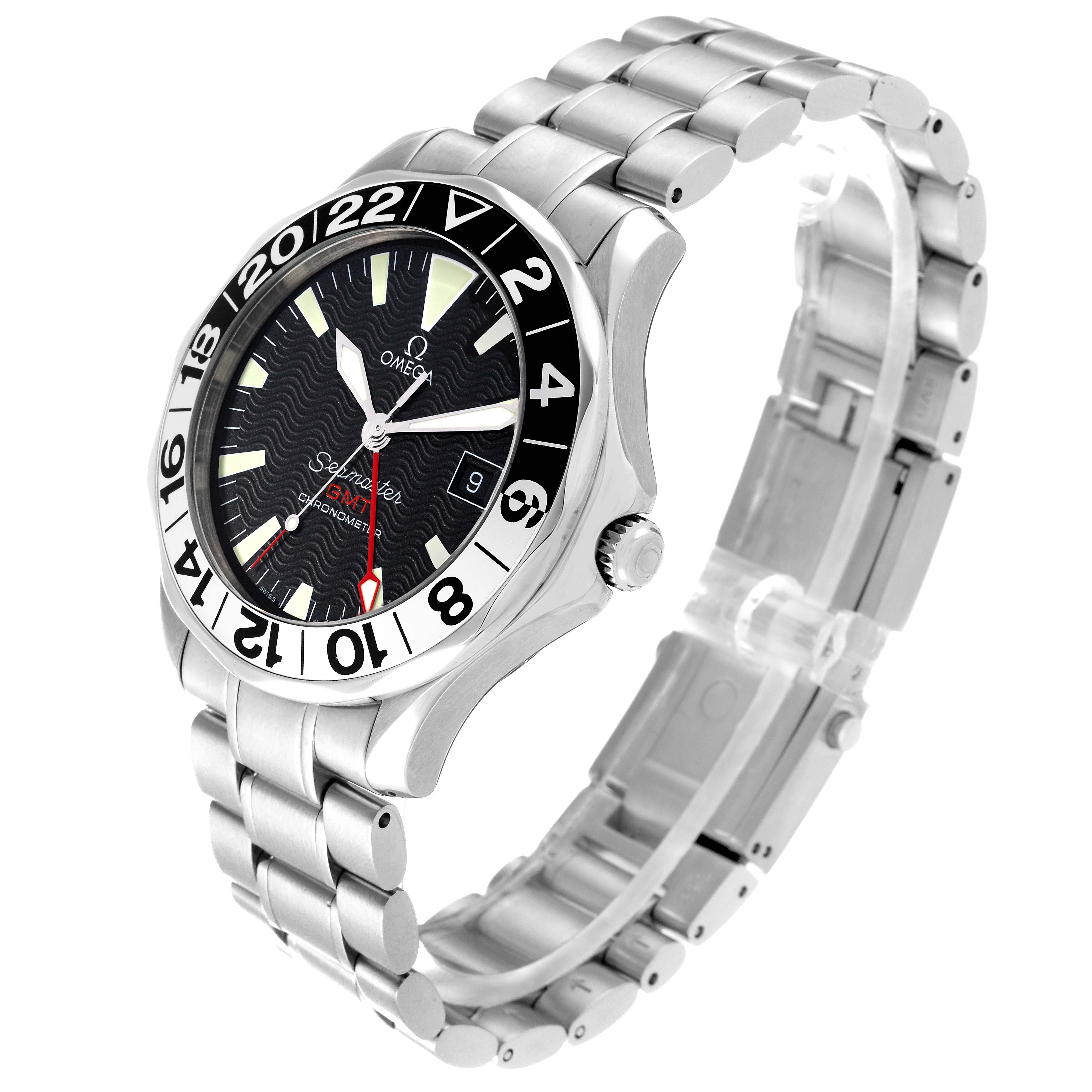 The Omega Seamaster 2234.50.00 Men
s Stainless Steel Black Dial 2234.50.00 Men
s Stainless Steel Black Dial watch is shown at a three-quarter angle, displaying its dial, bezel, crown, and metal bracelet.