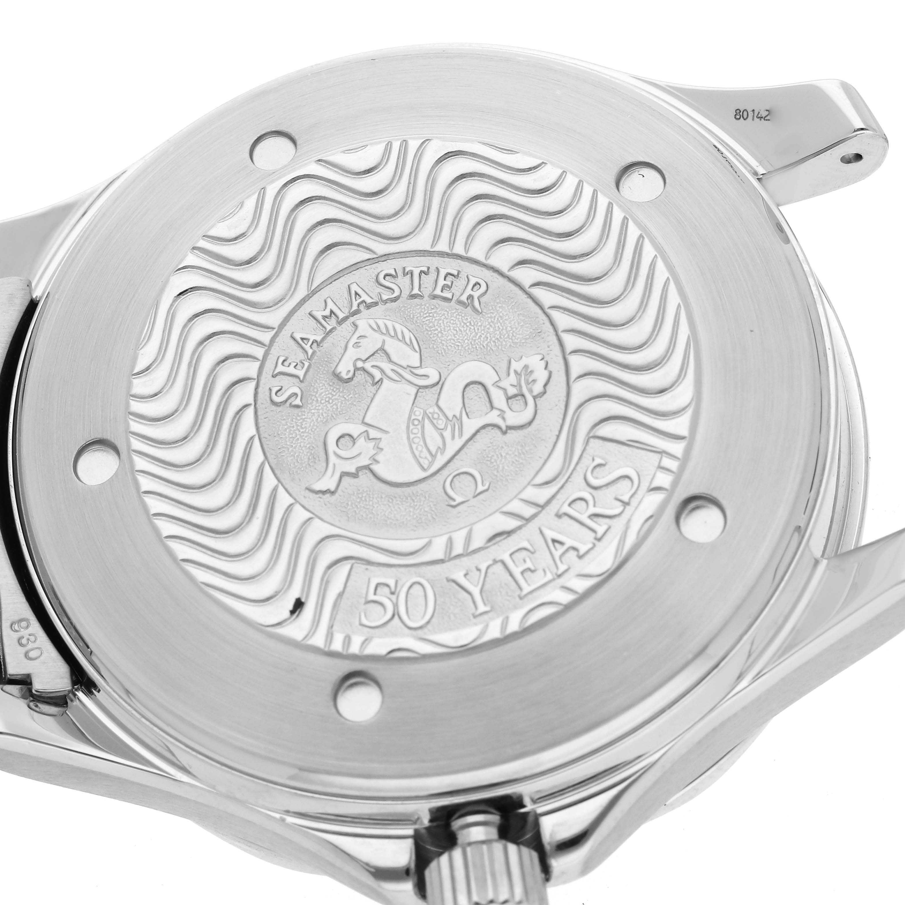 The image shows the back case of an Omega Seamaster 2234.50.00 Men
s Stainless Steel Black Dial 2234.50.00 Men
s Stainless Steel Black Dial model watch with an engraved "50 Years" inscription.