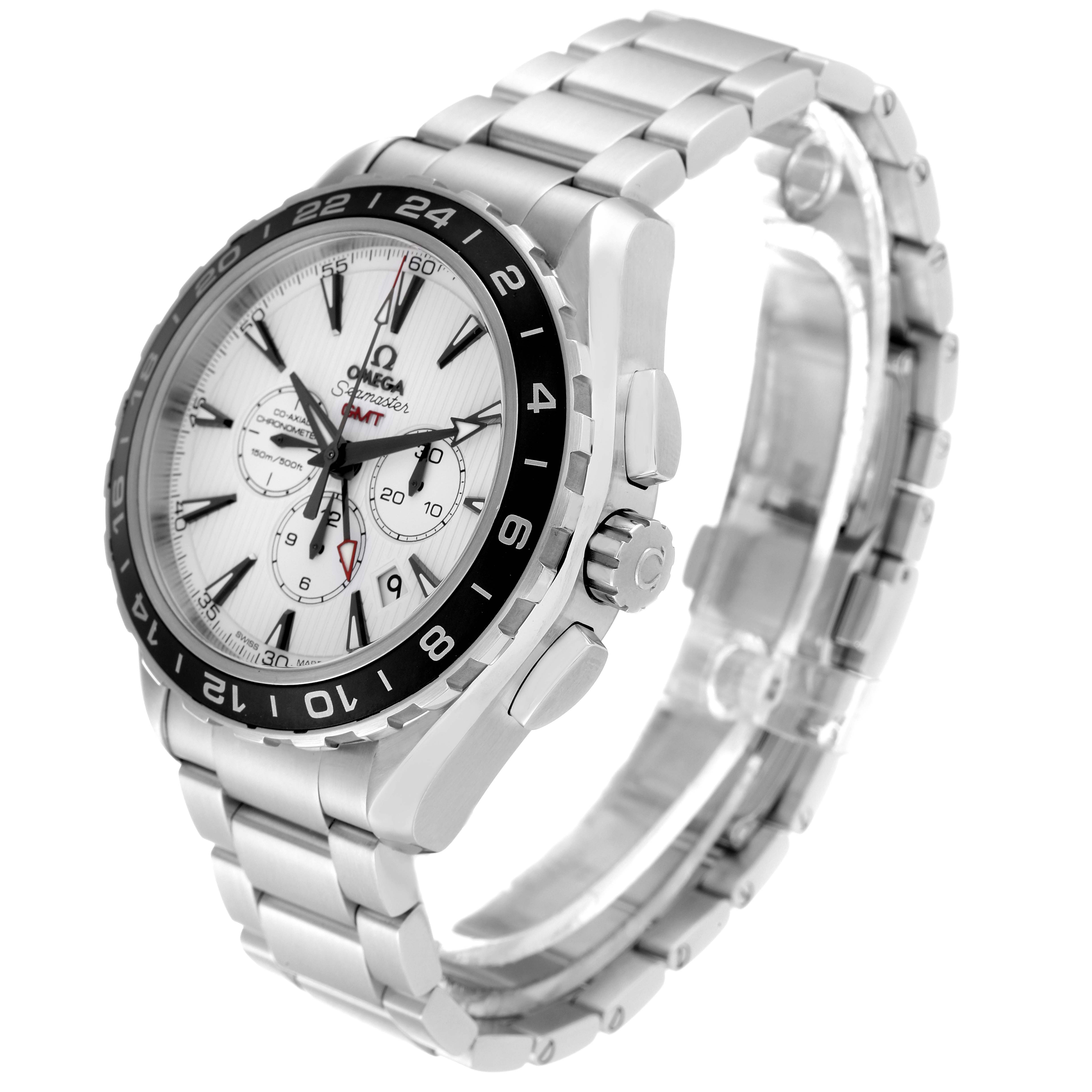 The image shows an angled view of the Omega Seamaster 231.10.44.52.04.001 Men's Stainless Steel White Dial 231.10.44.52.04.001 Men's Stainless Steel White Dial watch, highlighting its face, bezel, crown, and metal bracelet.