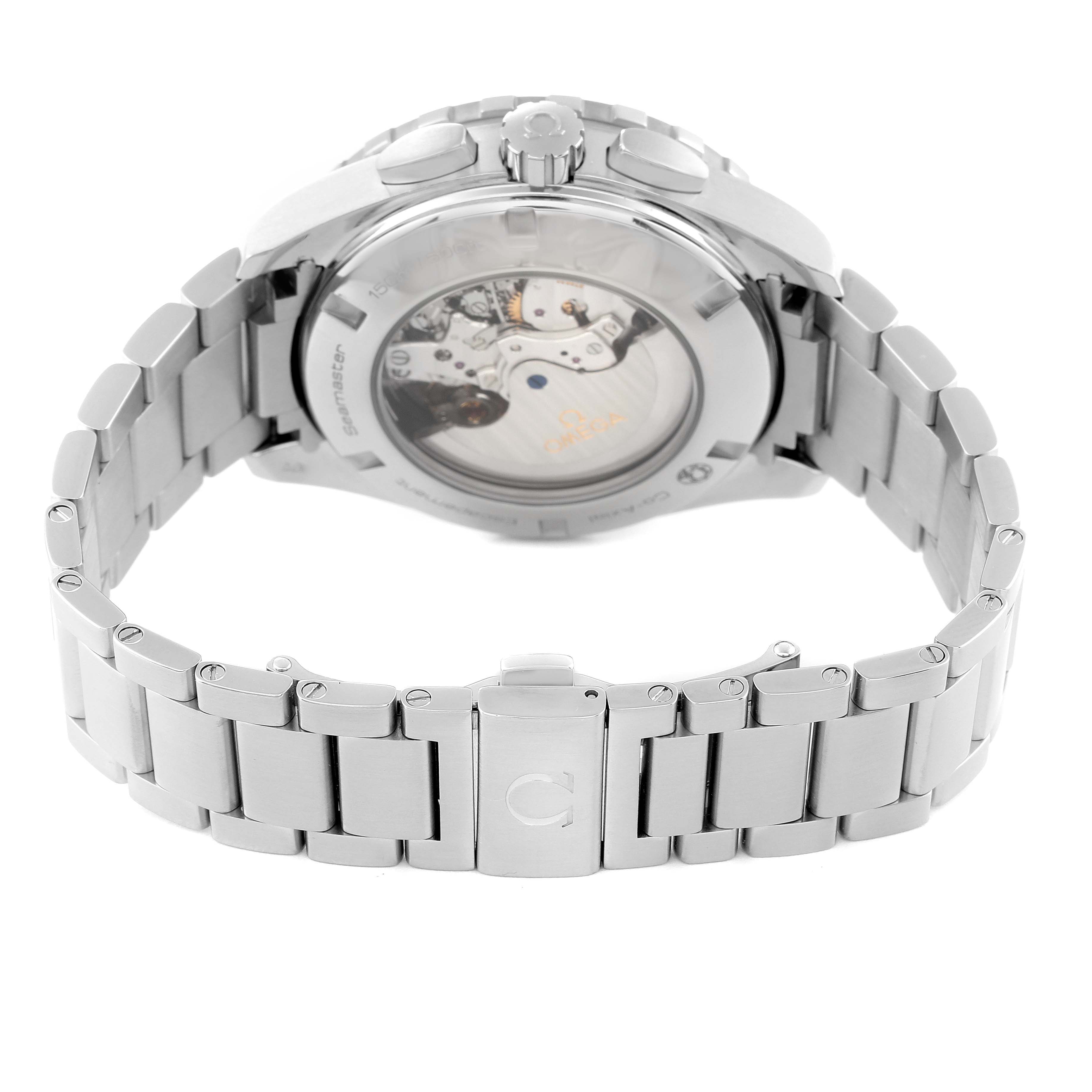 The image shows the back case and the bracelet of the Omega Seamaster 231.10.44.52.04.001 Men's Stainless Steel White Dial 231.10.44.52.04.001 Men's Stainless Steel White Dial watch from a rear angle.