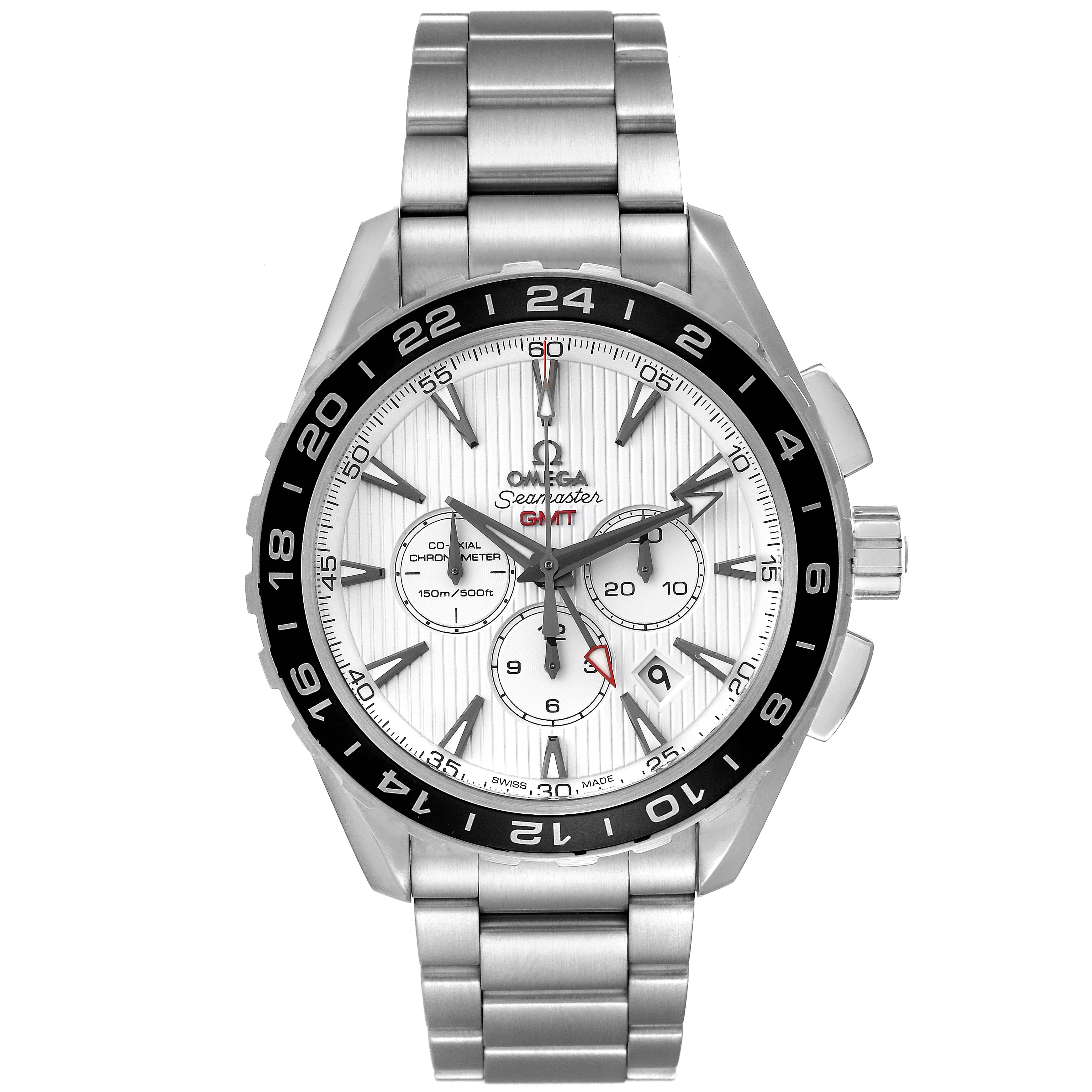 The image shows a front view of the Omega Seamaster 231.10.44.52.04.001 Men's Stainless Steel White Dial 231.10.44.52.04.001 Men's Stainless Steel White Dial watch, highlighting its bezel, dial, and stainless steel bracelet.