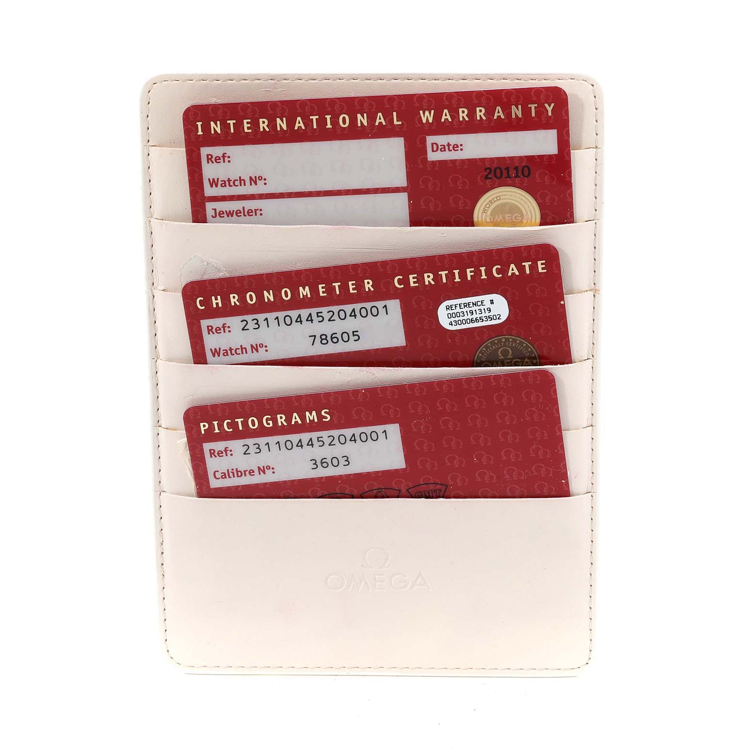 The image shows an Omega Seamaster 231.10.44.52.04.001 Men's Stainless Steel White Dial 231.10.44.52.04.001 Men's Stainless Steel White Dial watch's warranty, chronometer certificate, and pictograms card in a white cardholder.