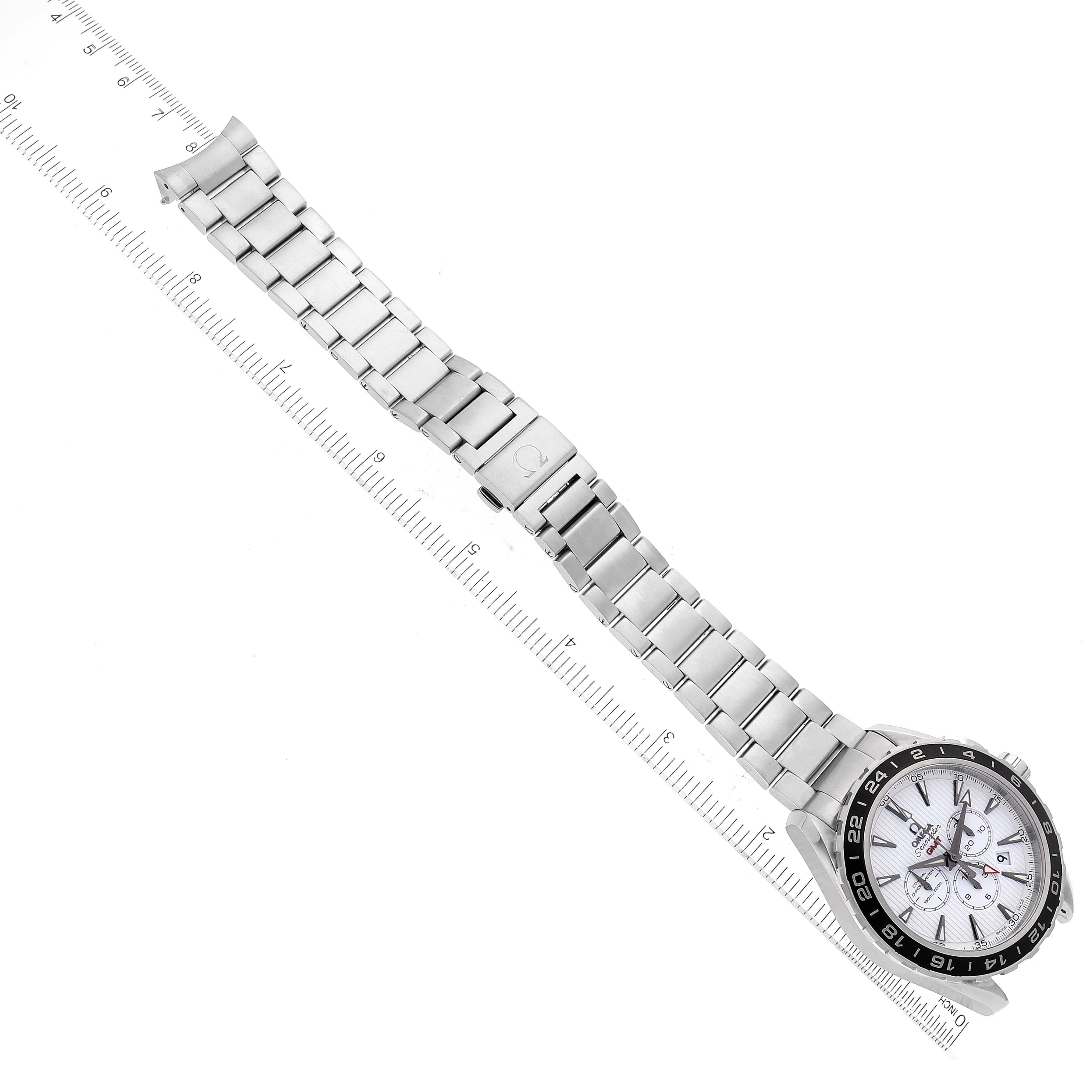 The Omega Seamaster 231.10.44.52.04.001 Men's Stainless Steel White Dial 231.10.44.52.04.001 Men's Stainless Steel White Dial watch is shown at a slight angle from above, highlighting its face and metal bracelet band.