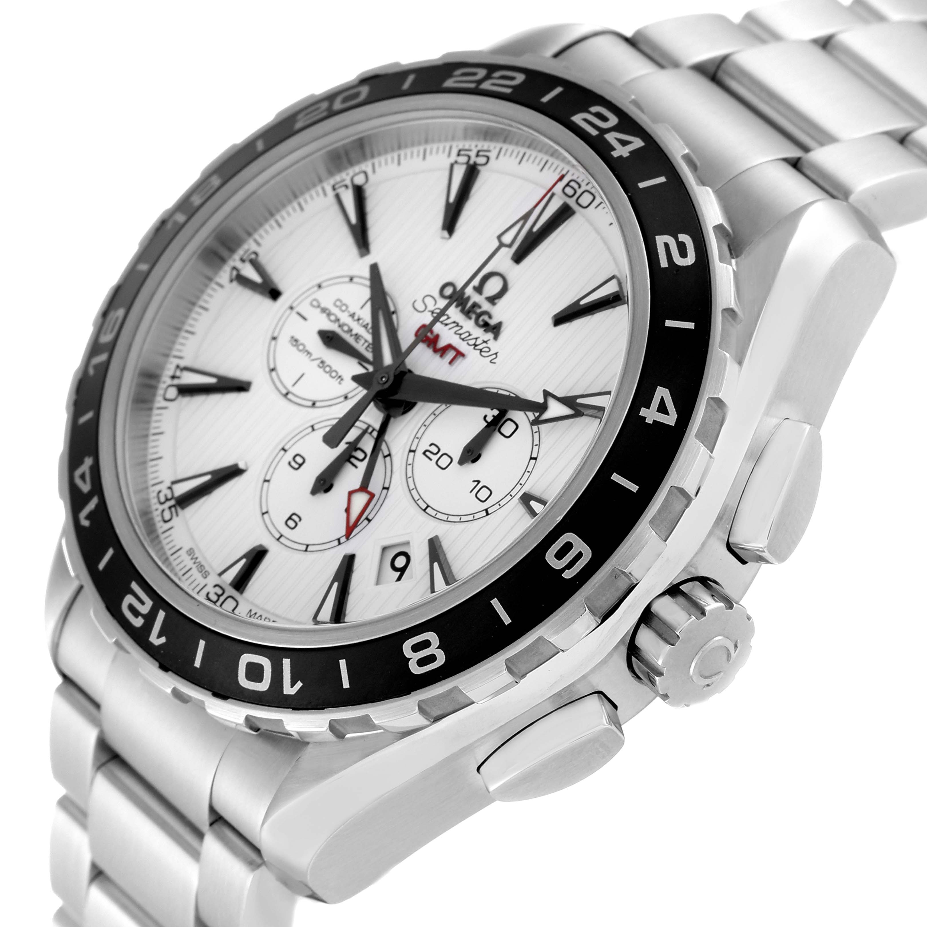 The image shows a close-up angle of an Omega Seamaster 231.10.44.52.04.001 Men's Stainless Steel White Dial 231.10.44.52.04.001 Men's Stainless Steel White Dial watch, highlighting its dial, bezel, crown, and stainless steel bracelet.