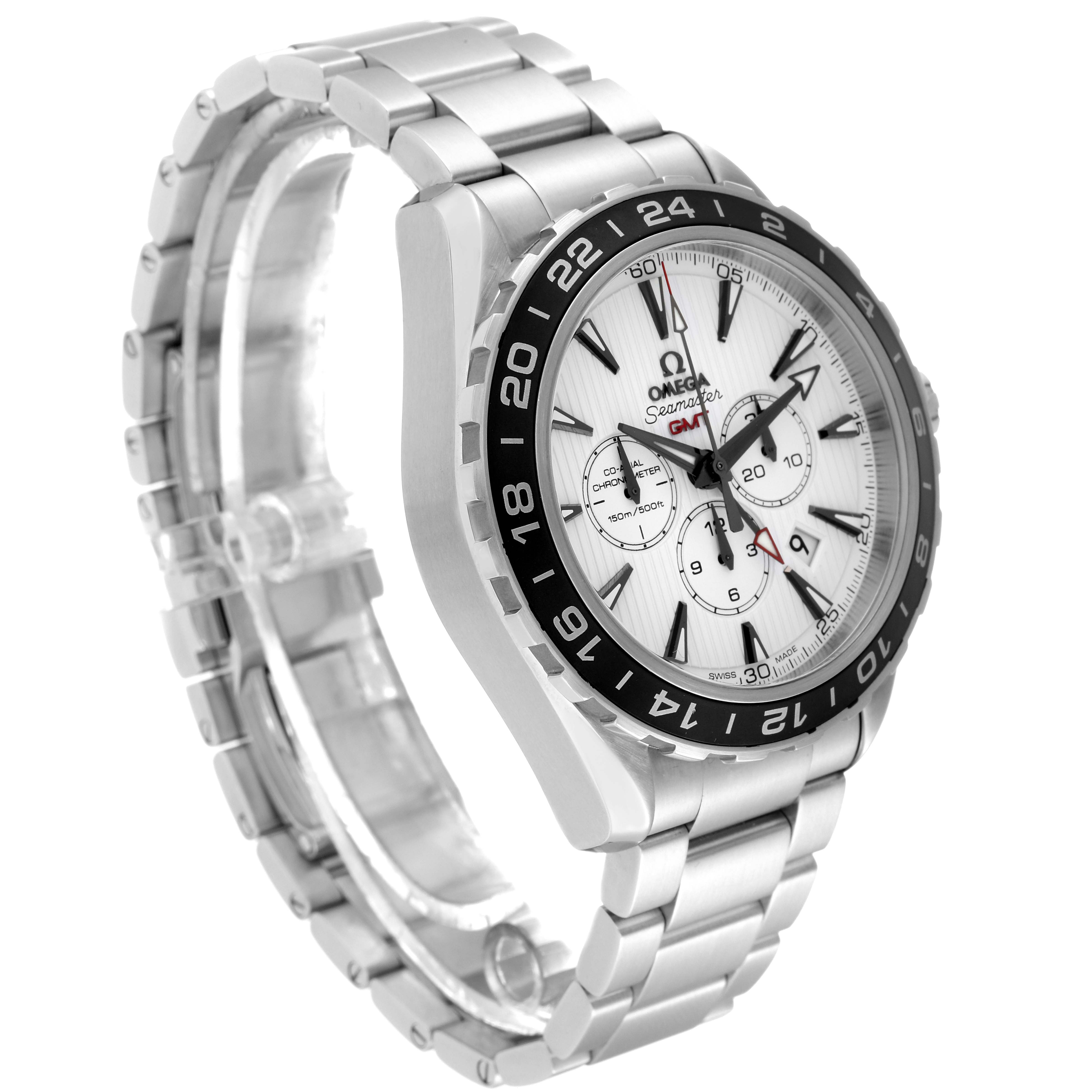 The Omega Seamaster 231.10.44.52.04.001 Men's Stainless Steel White Dial 231.10.44.52.04.001 Men's Stainless Steel White Dial watch is shown at an oblique angle, displaying its face and metal bracelet.