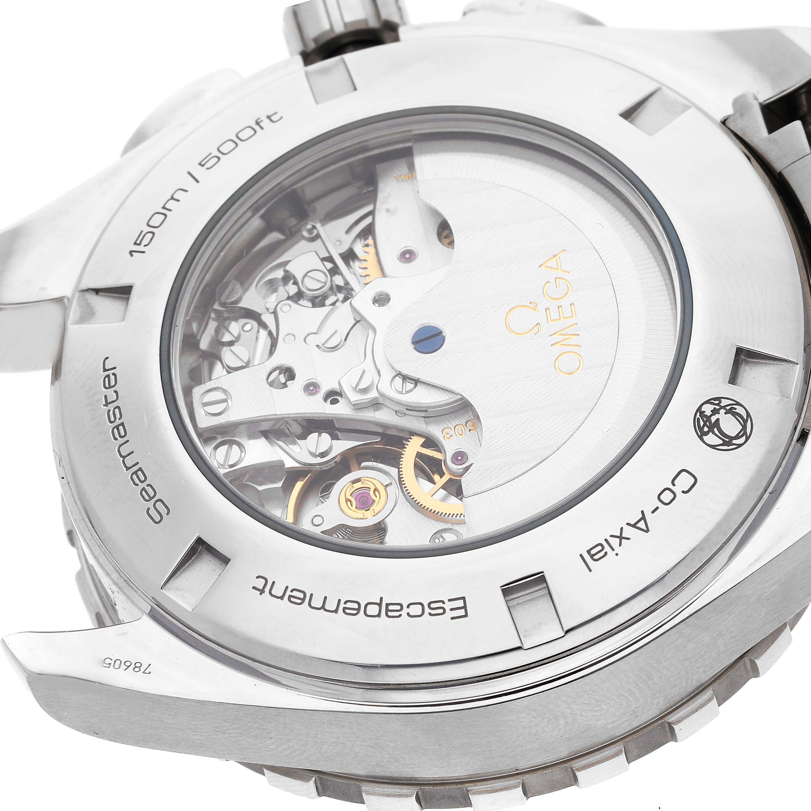 This image shows the back view of the Omega Seamaster 231.10.44.52.04.001 Men's Stainless Steel White Dial 231.10.44.52.04.001 Men's Stainless Steel White Dial watch, revealing its movement and inner mechanisms.