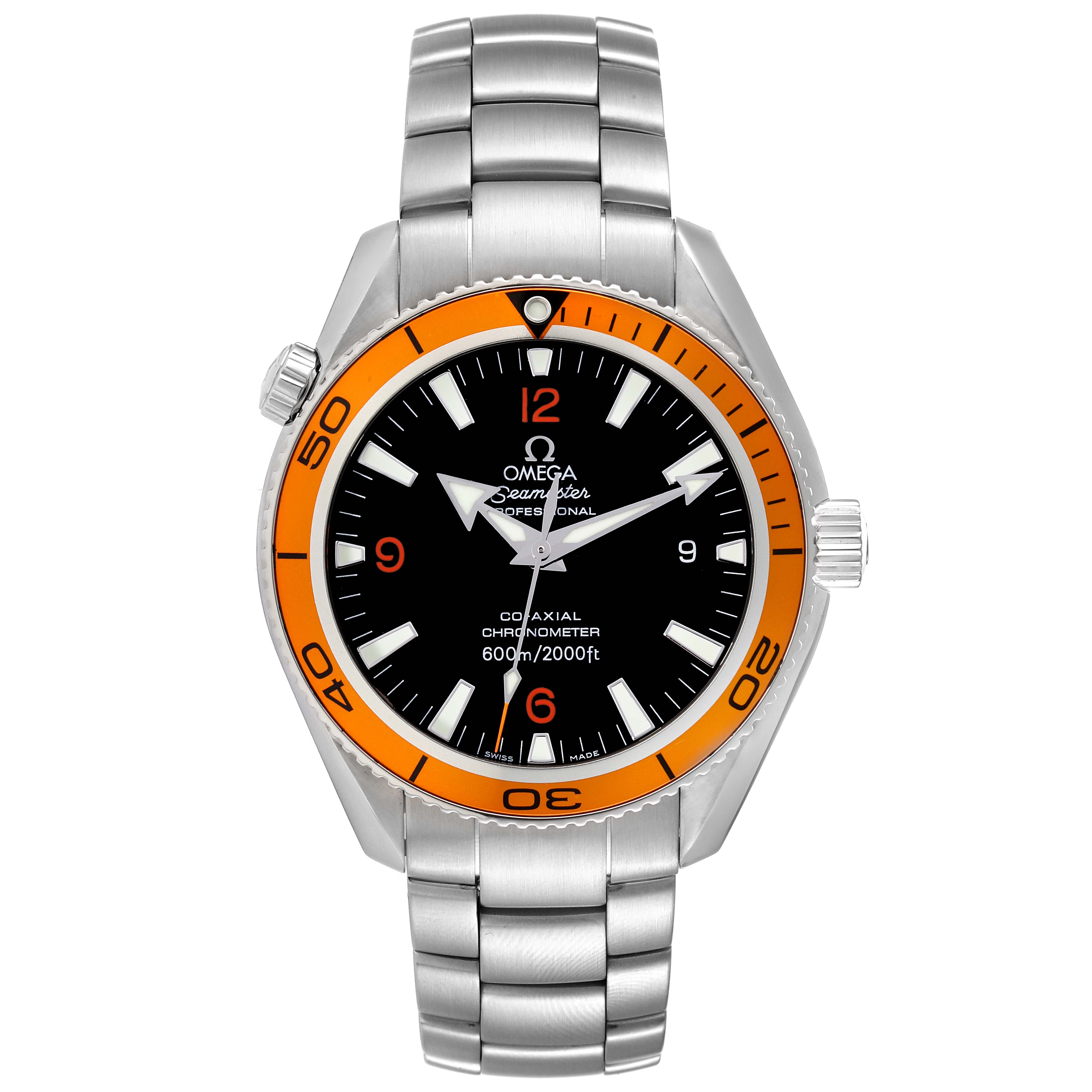This image shows a front view of the Omega Planet Ocean 232.30.42.21.01.002 Men's Stainless Steel Black Dial 232.30.42.21.01.002 Men's Stainless Steel Black Dial watch, featuring an orange bezel, black dial, and metal bracelet.