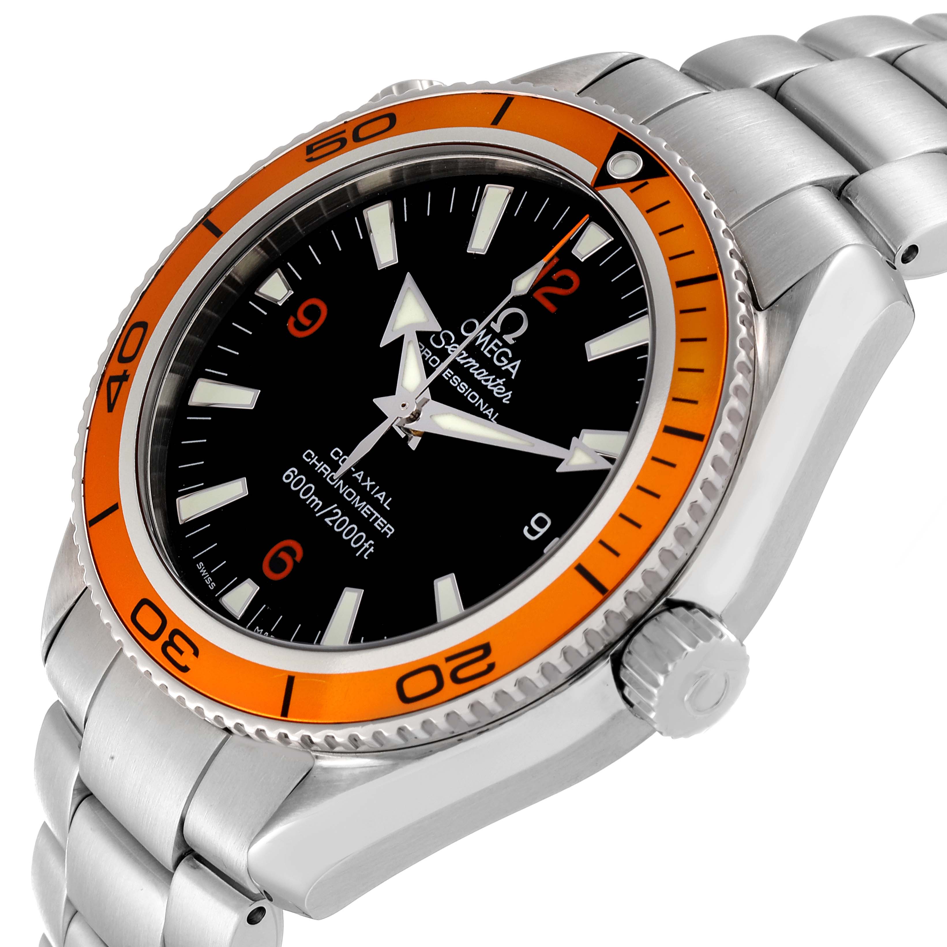 The image shows an angled view of the Omega Planet Ocean 232.30.42.21.01.002 Men's Stainless Steel Black Dial 232.30.42.21.01.002 Men's Stainless Steel Black Dial watch, highlighting the orange bezel, black dial, and metal strap.