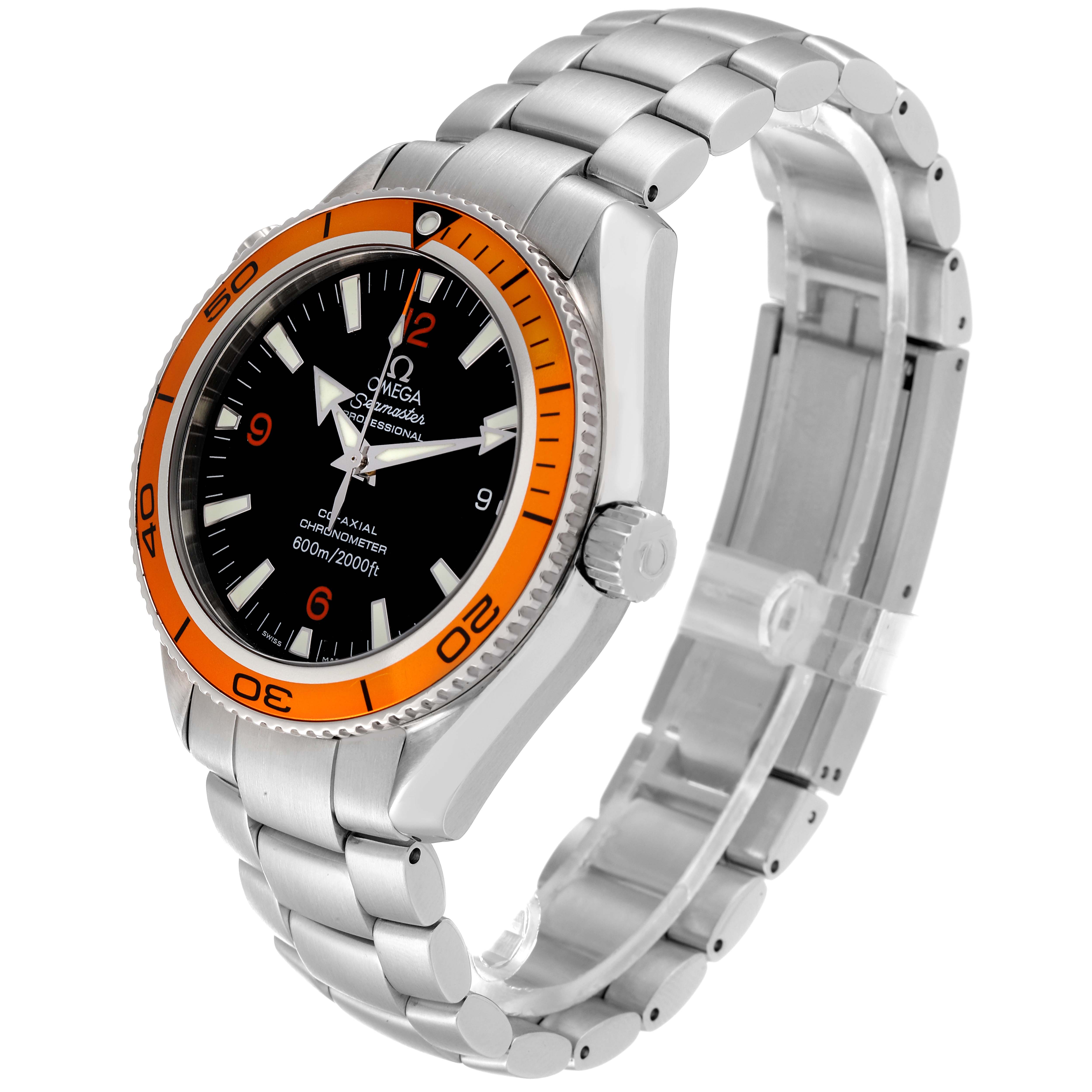 The image shows an angled view of the Omega Planet Ocean 232.30.42.21.01.002 Men's Stainless Steel Black Dial 232.30.42.21.01.002 Men's Stainless Steel Black Dial watch, highlighting its bezel, dial, case, and bracelet.