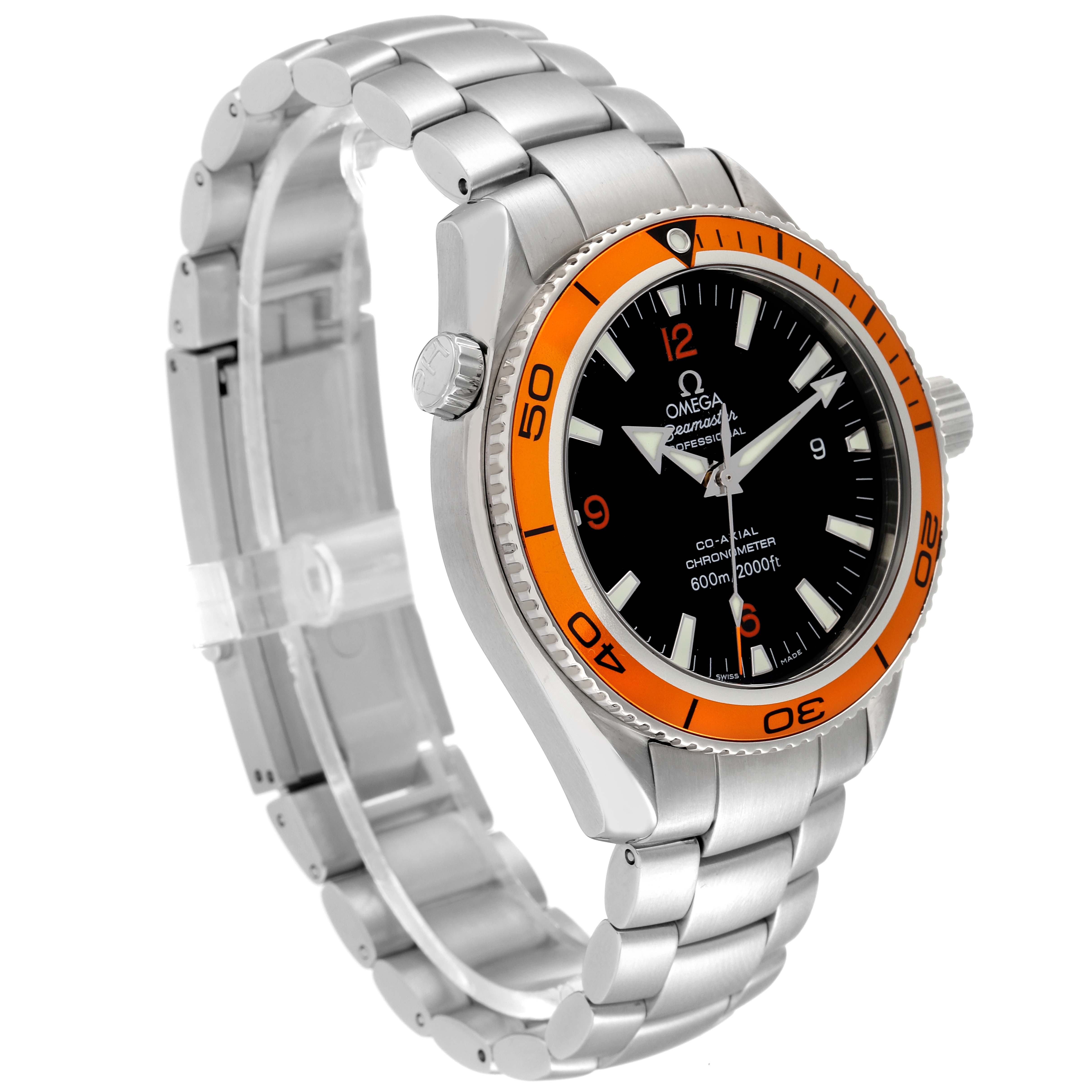 This Omega Planet Ocean 232.30.42.21.01.002 Men's Stainless Steel Black Dial 232.30.42.21.01.002 Men's Stainless Steel Black Dial model watch is shown at a slight angle, highlighting the dial, bezel, crown, and metal bracelet.