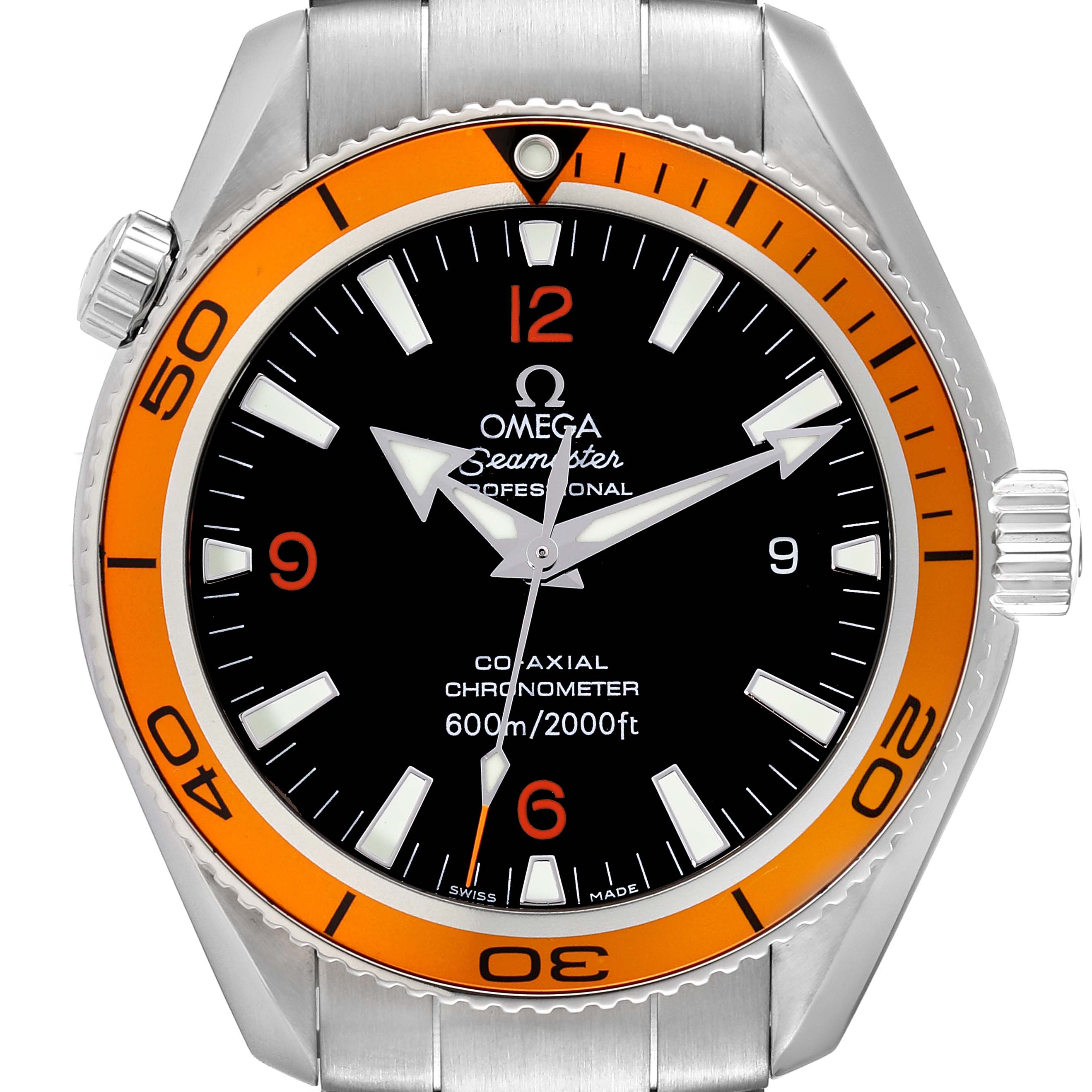 The image shows a front view of the Omega Planet Ocean 232.30.42.21.01.002 Men's Stainless Steel Black Dial 232.30.42.21.01.002 Men's Stainless Steel Black Dial watch, displaying the dial, bezel, hands, and markers.