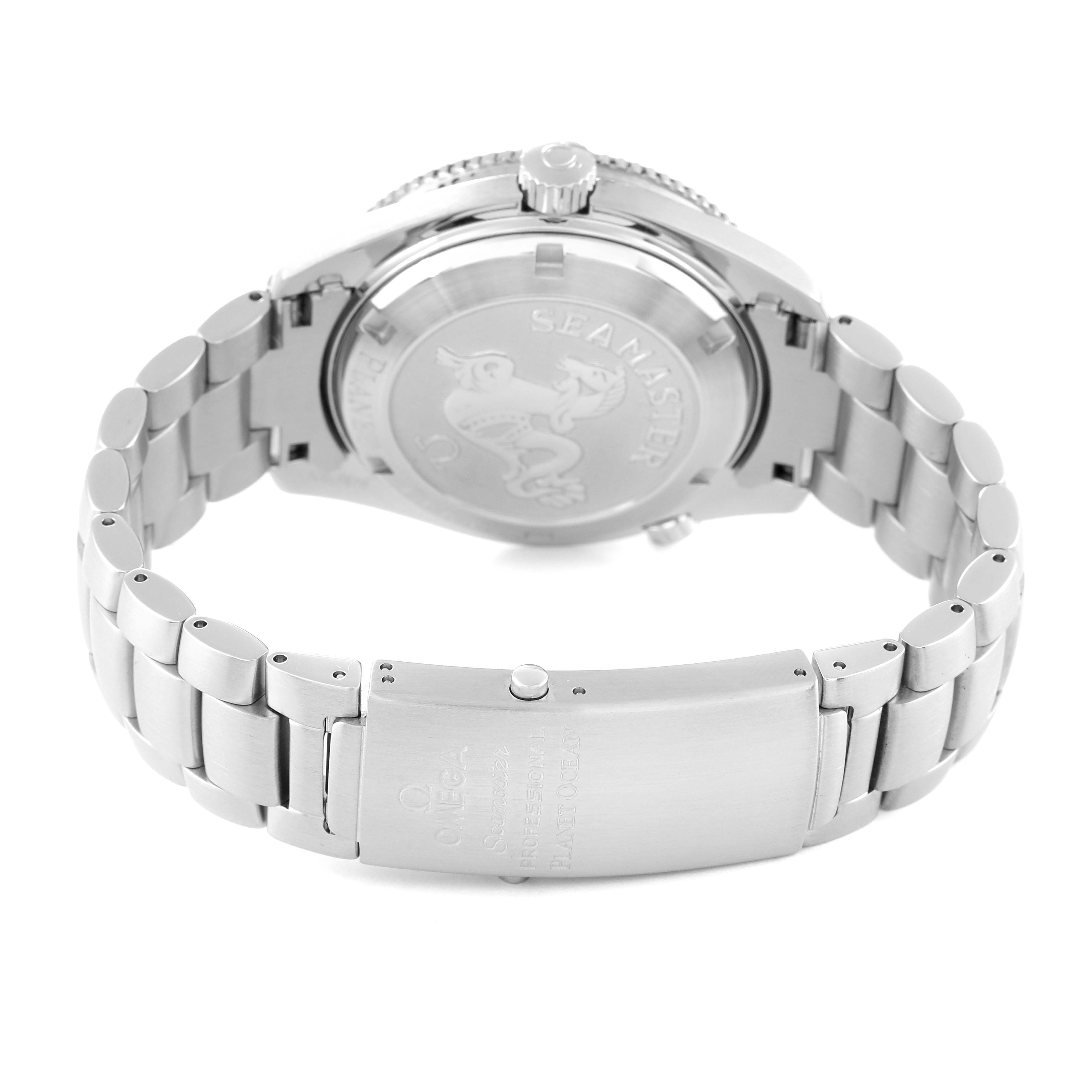 The image shows the back and bracelet clasp of the Omega Planet Ocean 232.30.42.21.01.002 Men's Stainless Steel Black Dial 232.30.42.21.01.002 Men's Stainless Steel Black Dial watch, featuring the Seamaster logo.